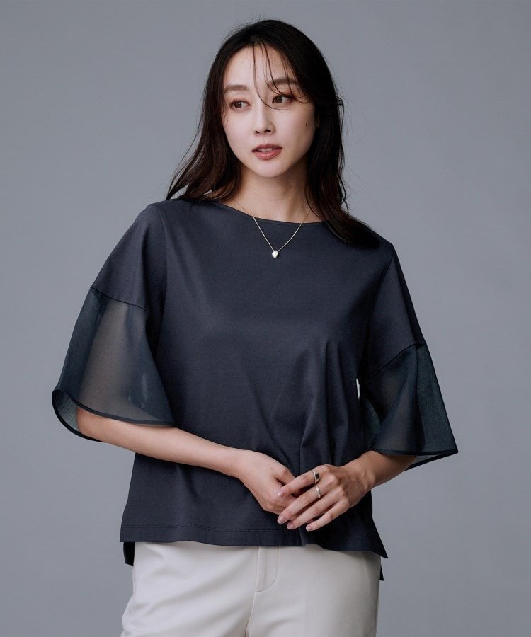 UNTITLED 【洗える/五分袖】シアースリーブ プルオーバー アンタイトル トップス カットソー・Tシャツ ホワイト ブラック ネイビー