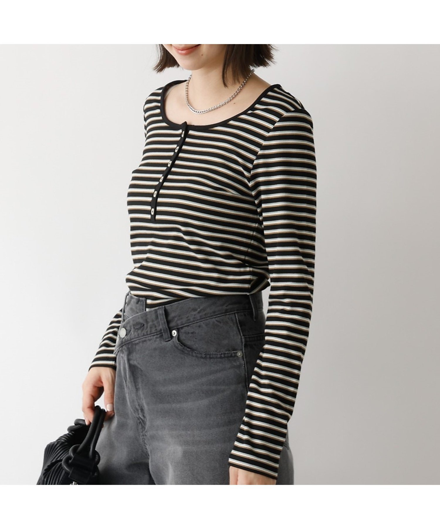 abahouse mavie ボーダーヘンリーネックプルオーバー アバハウス マヴィ トップス カットソー・Tシャツ グレー ホワイト ブラック【送料無料】