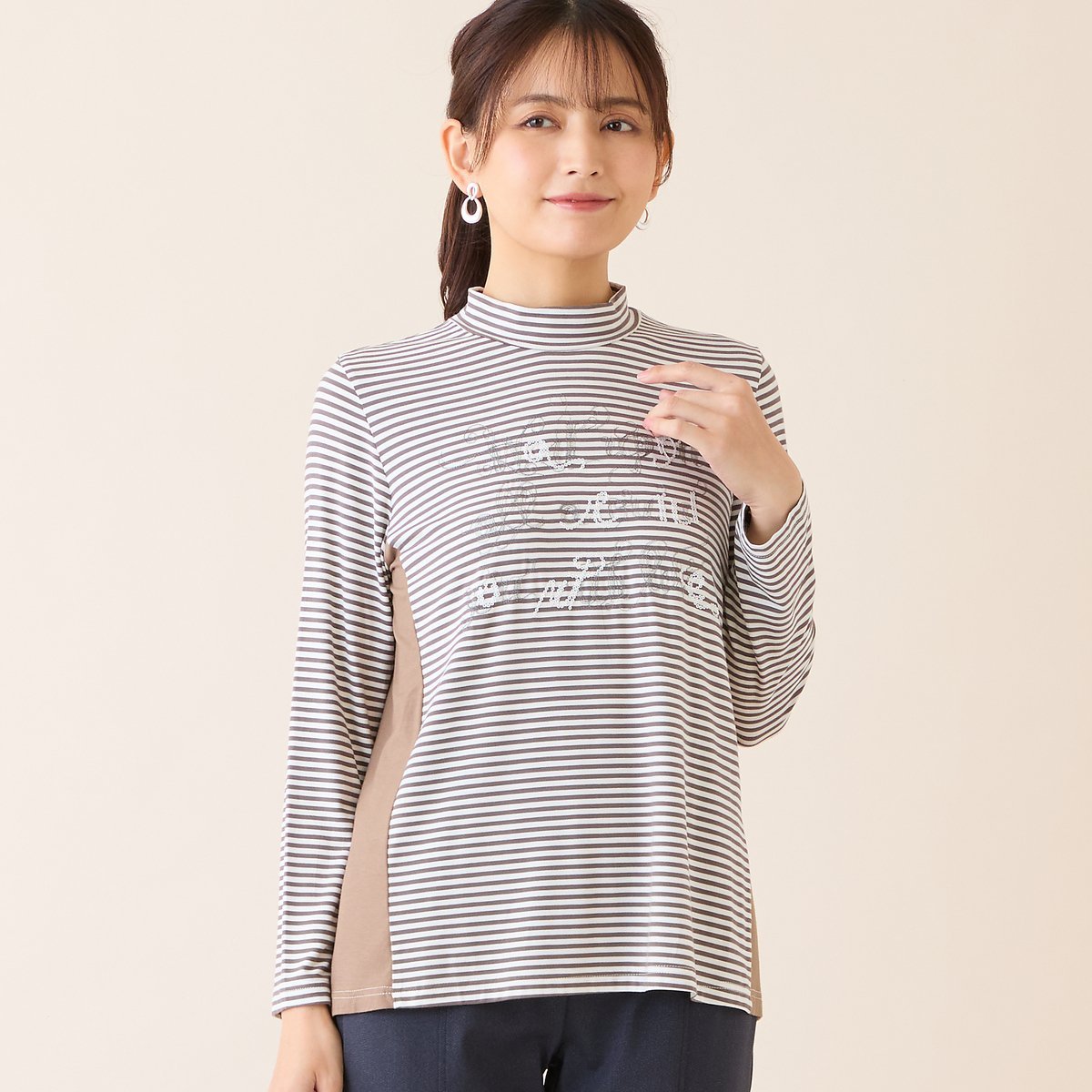 LOBJIE 【洗える】刺繍入りボーダーカットソー ロブジェ トップス カットソー・Tシャツ ブルー ブラウン