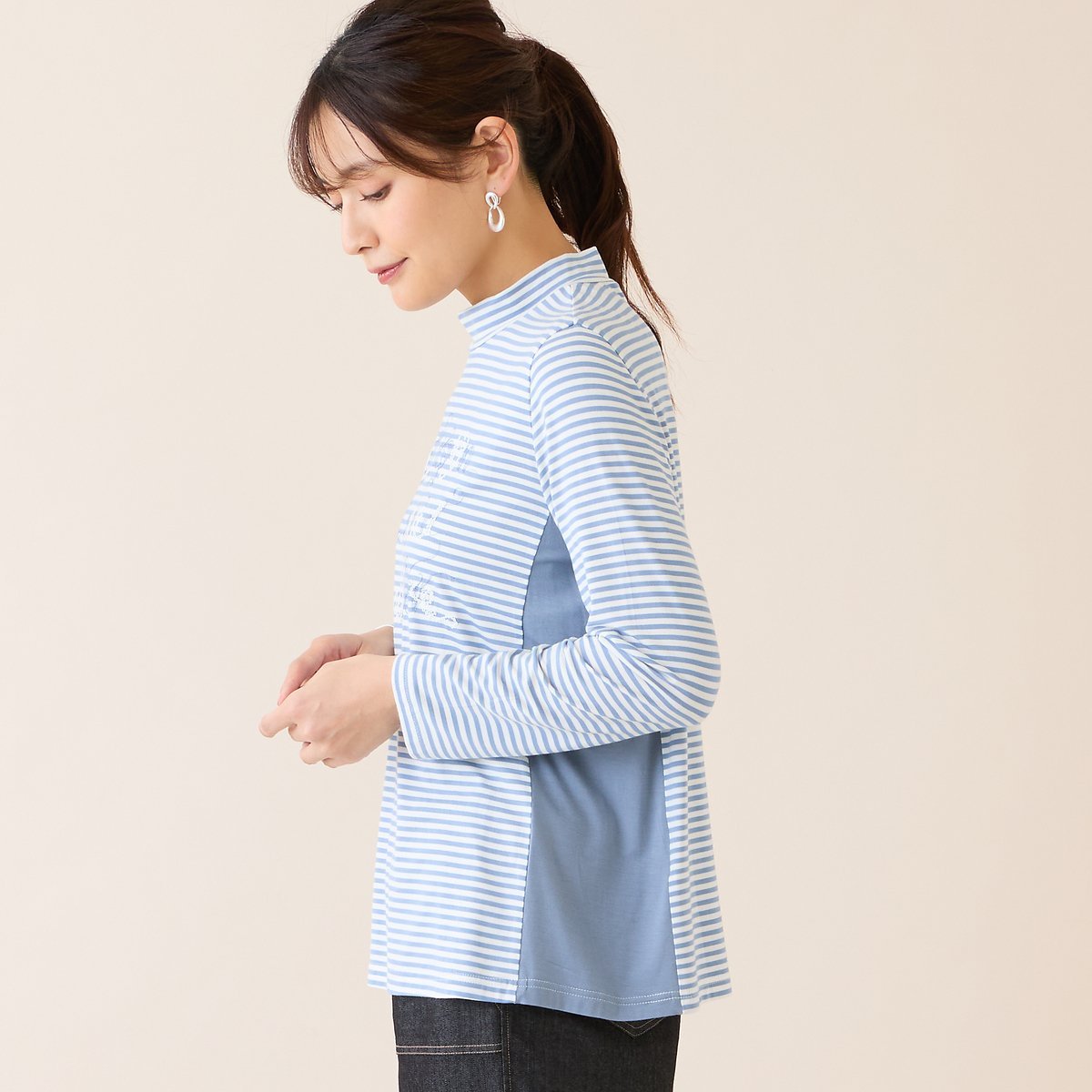 LOBJIE 【洗える】刺繍入りボーダーカットソー ロブジェ トップス カットソー・Tシャツ ブルー ブラウン