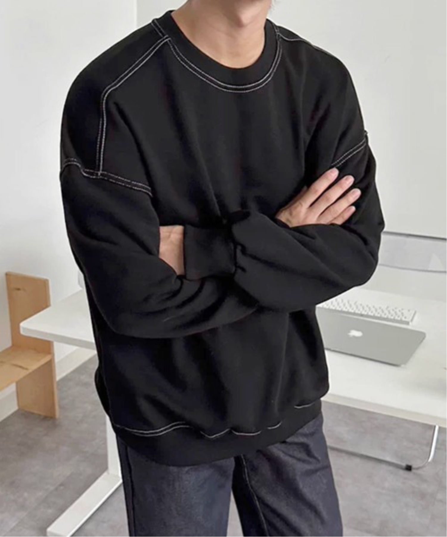 【SALE／77%OFF】NOWLE NOWLE/(M)【NOWLE】配色ステッチ クルーネック スウェット / トレーナー / リンクルステッチ チェルカ トップス スウェット・トレーナー ブラック