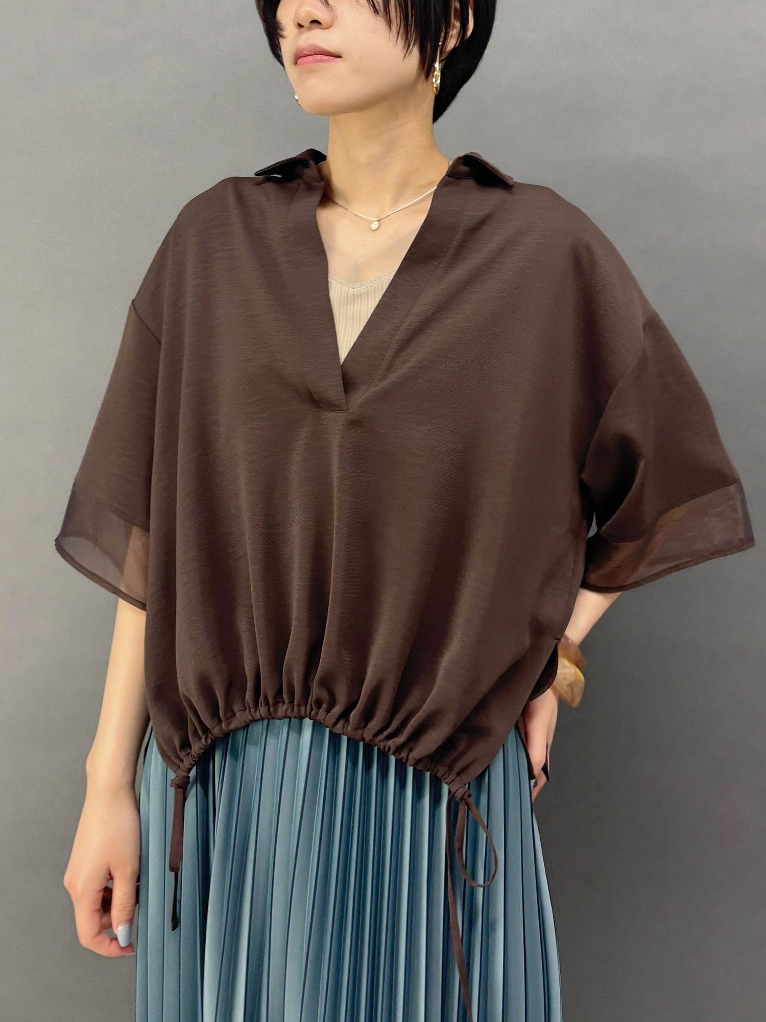 NICOLE white シアーミックススキッパーシャツ ニコル クラブ トップス シャツ・ブラウス ブラック グレー ホワイト ブラウン