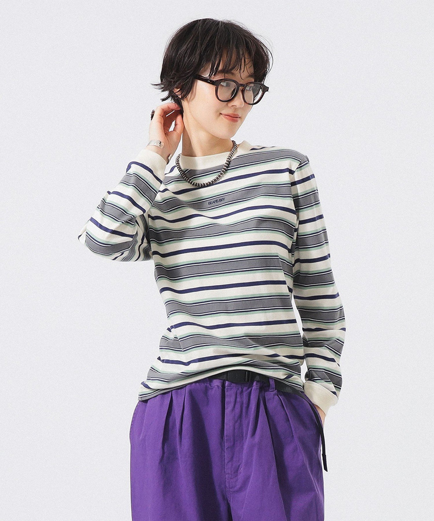 BEAMS BOY ボーイ エンブロイダリー ボーダー ロングスリーブ ビームス ウイメン トップス カットソー・Tシャツ ネイビー ブラウン ホワイト【送料無料】