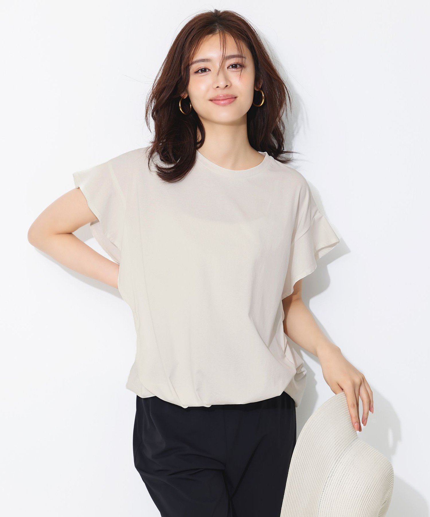 UNFILO プレーティング フレアスリーブ Tシャツ アンフィーロ トップス カットソー・Tシャツ グレー ホワイト グリーン ブラック ブラウン