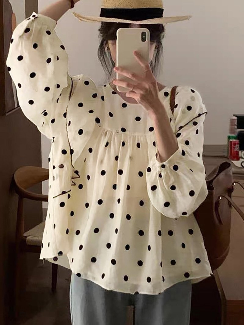 Doux Belle ドット柄パイピングフリルボリュームスリーブブラウス レディース トップス ドゥー・ベル トップス シャツ・ブラウス ベージュ【送料無料】