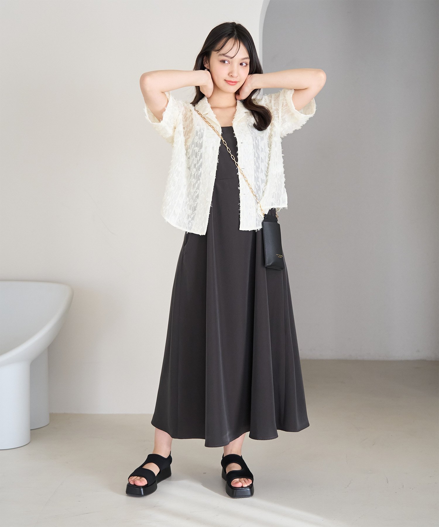 【SALE／50%OFF】ROPE' PICNIC フリンジジャガードシャツ ロペピクニック トップス シャツ・ブラウス ブラック ホワイト