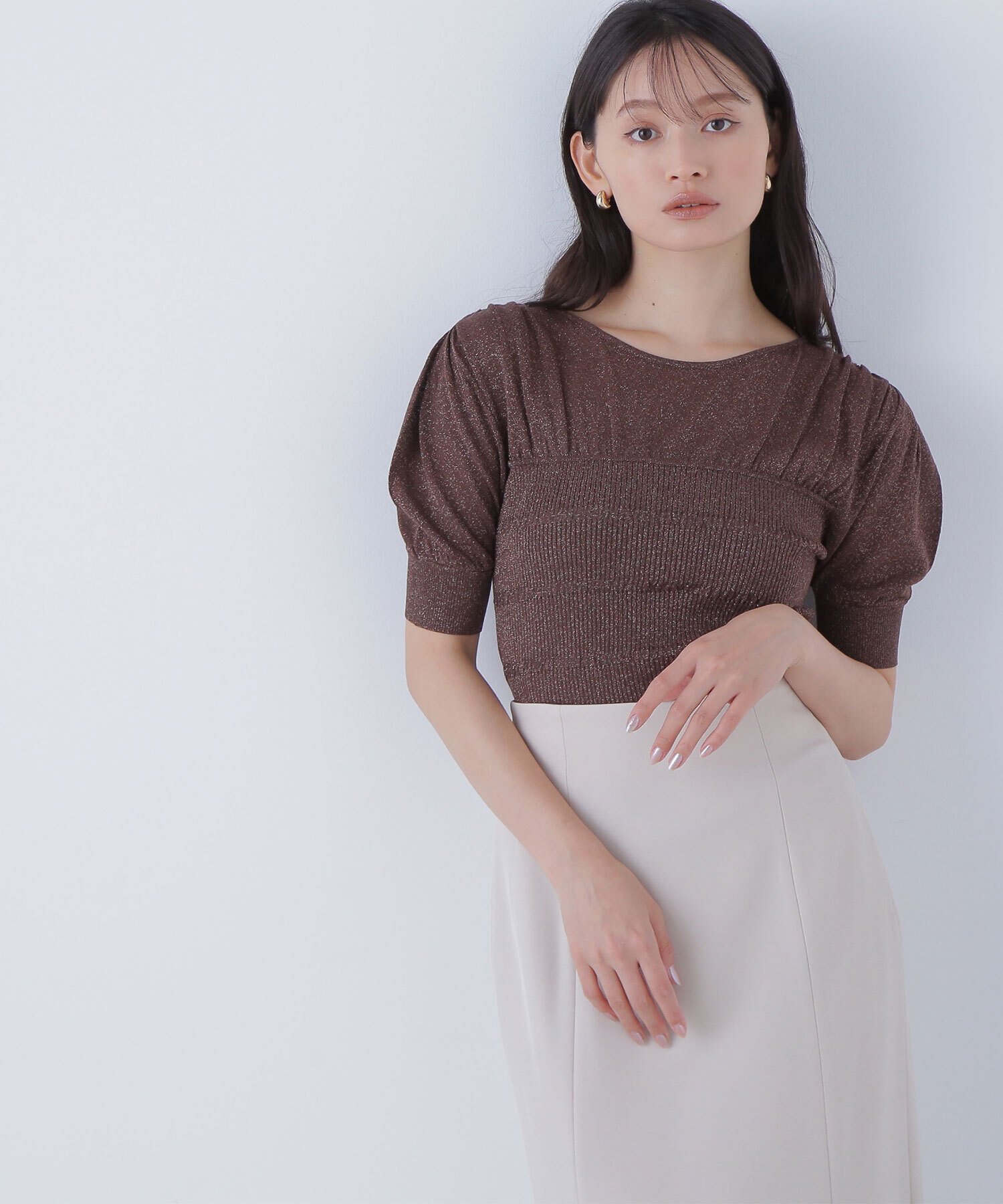 NATURAL BEAUTY BASIC 切替ラメリブニット* ナチュラルビューティベーシック トップス ニット グレー ピンク