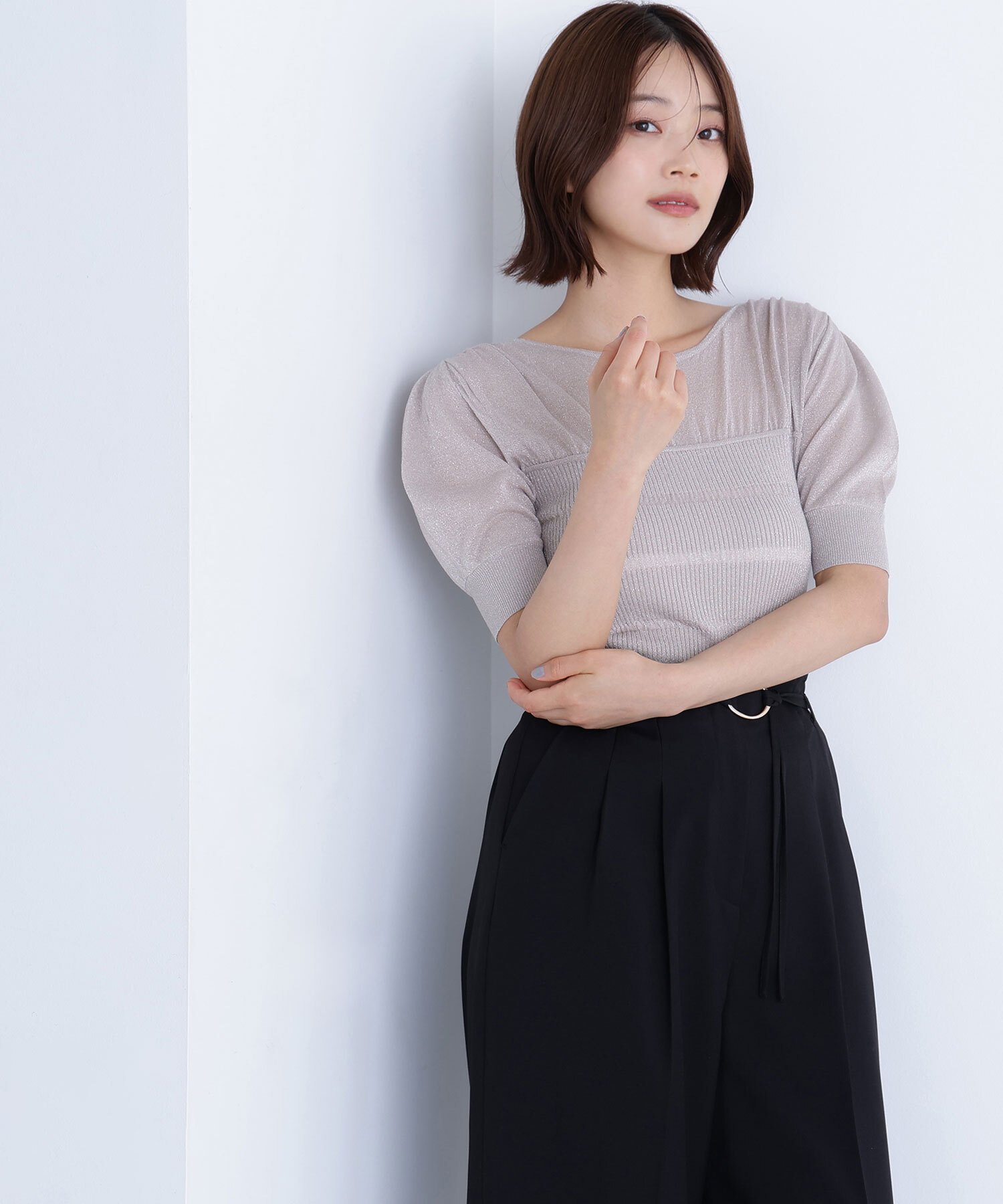 【SALE／50%OFF】NATURAL BEAUTY BASIC 切替ラメリブニット* ナチュラルビューティベーシック トップス ニット グレー ピンク