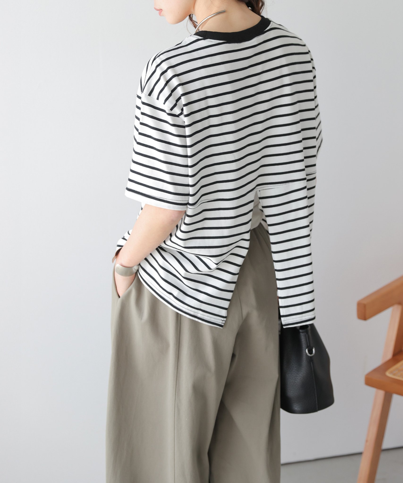 La-gemme バックスリット ストライプTシャツ ラジュール トップス カットソー・Tシャツ グレー ブラック
