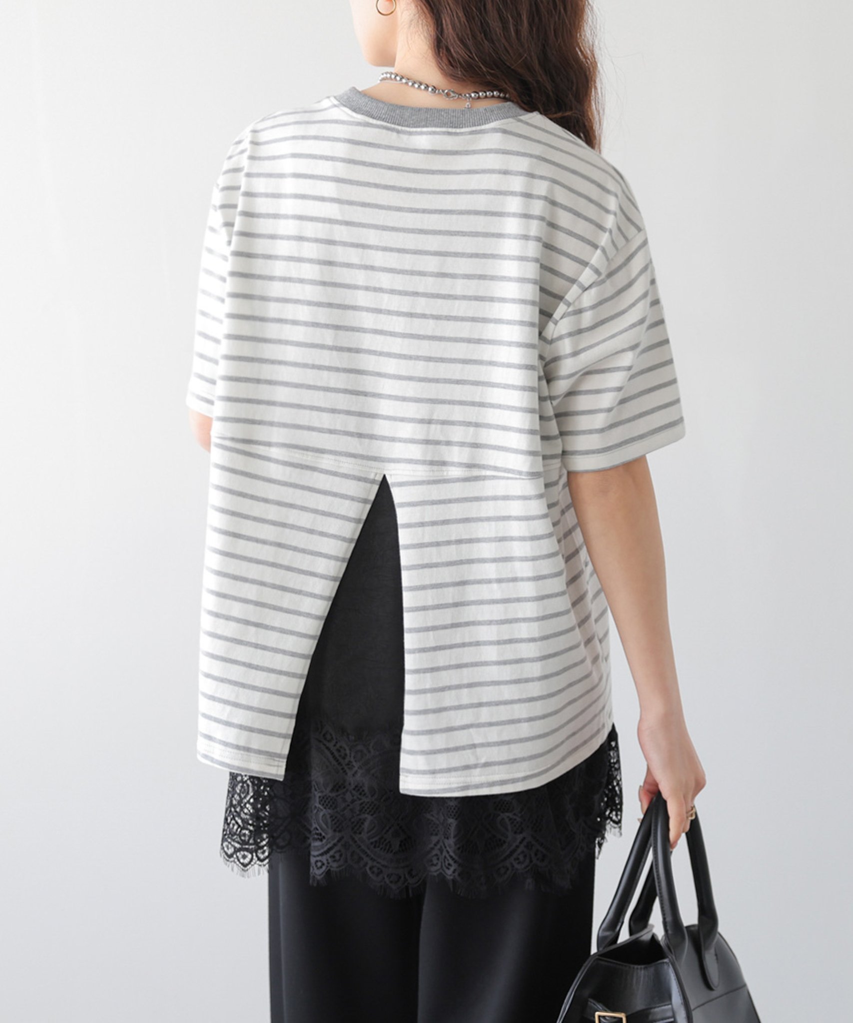 La-gemme バックスリット ストライプTシャツ ラジュール トップス カットソー・Tシャツ グレー ブラック