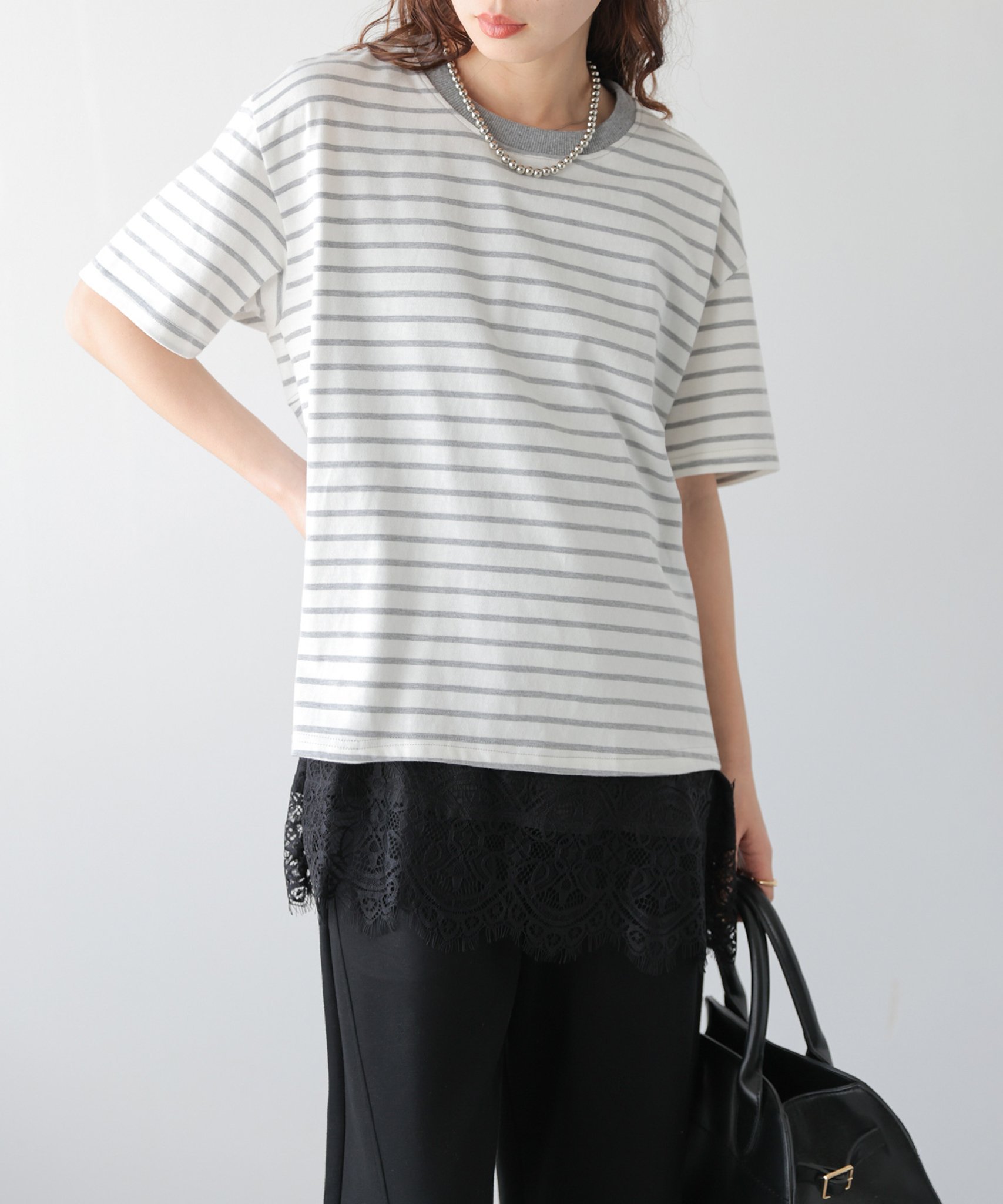 La-gemme バックスリット ストライプTシャツ ラジュール トップス カットソー・Tシャツ グレー ブラック