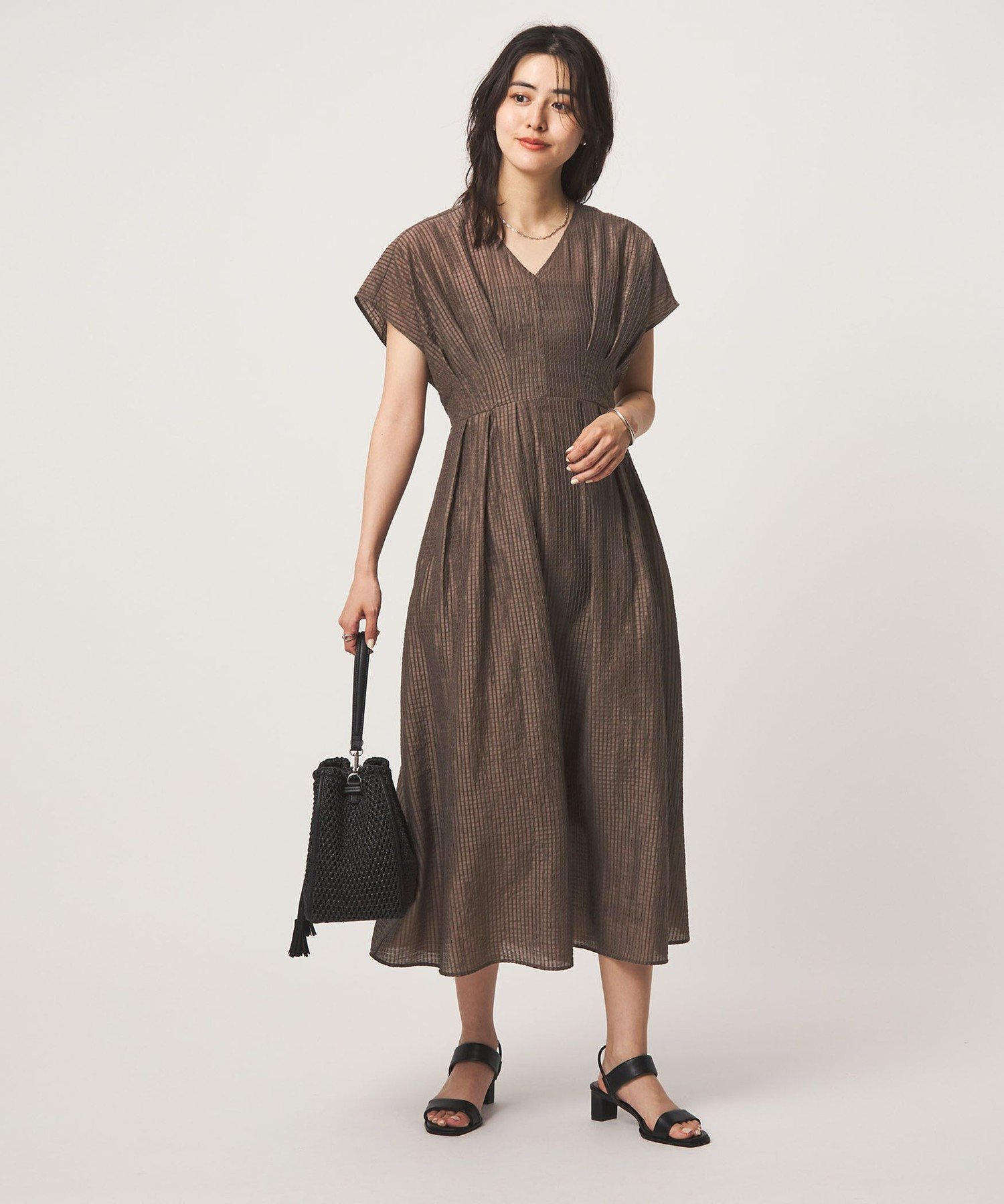 UNITED ARROWS green label relaxing シアー チェック フレンチスリーブ ワンピース ユナイテッドアローズ グリーンレーベルリラクシング ワンピース・ドレス ワンピース ブラウン ブラック【送料無料】