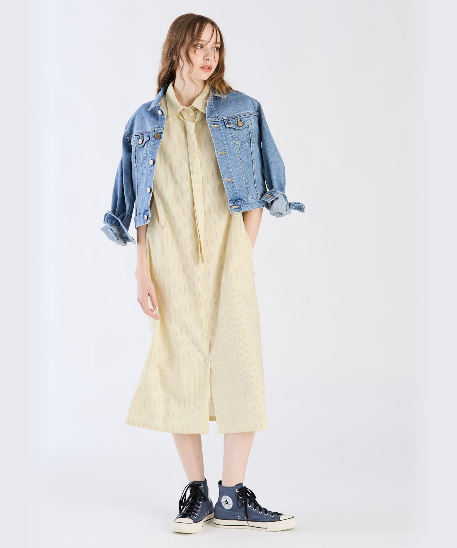 To b. by agnes b. WX34 ROBE ドビーストライプシャツドレス アニエスベー ワンピース・ドレス シャツワンピース イエロー【送料無料】