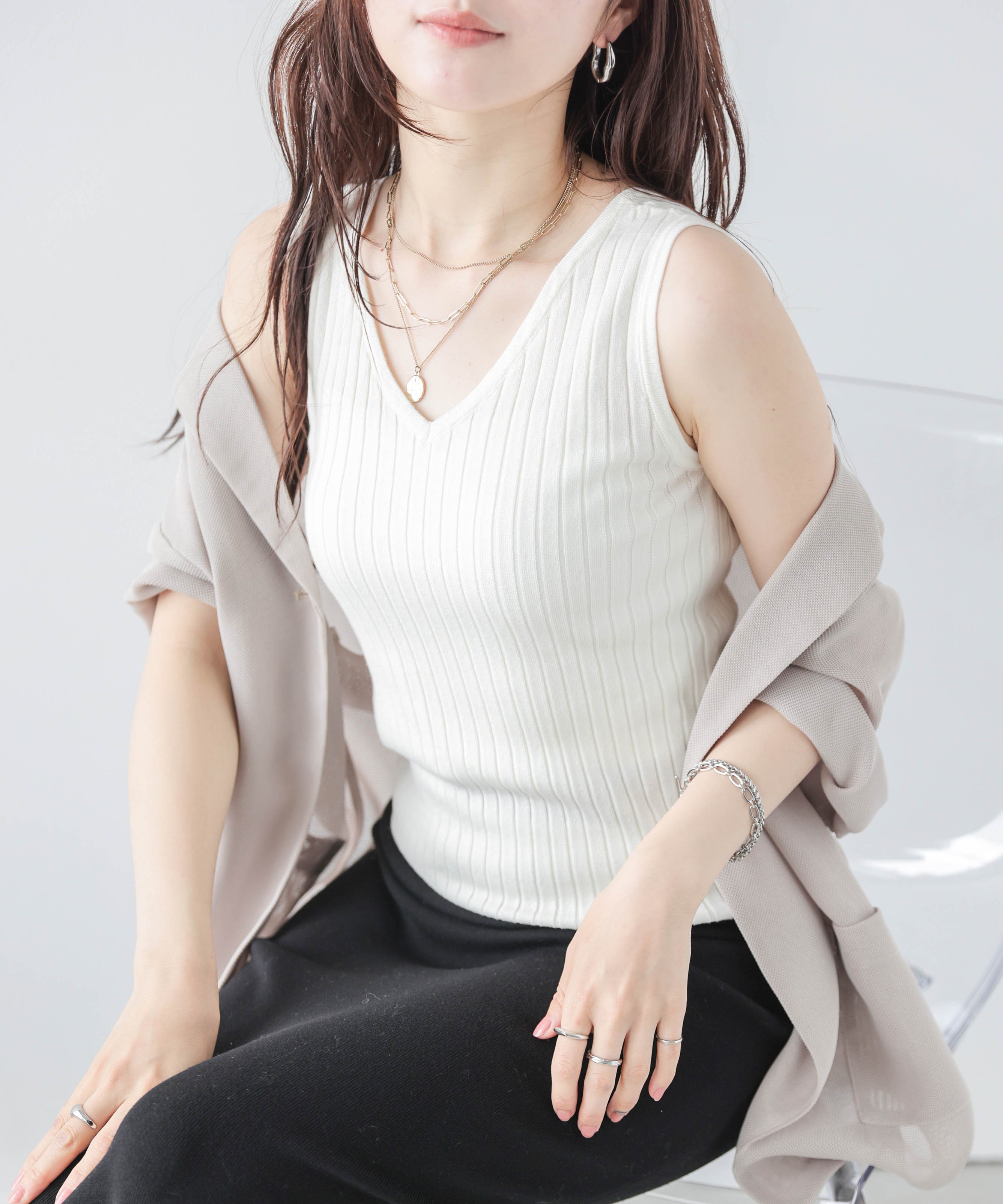La-gemme シンプル2wayリブニットトップス ラジュール トップス ノースリーブ・タンクトップ ホワイト ネイビー グレー ピンク ブラック