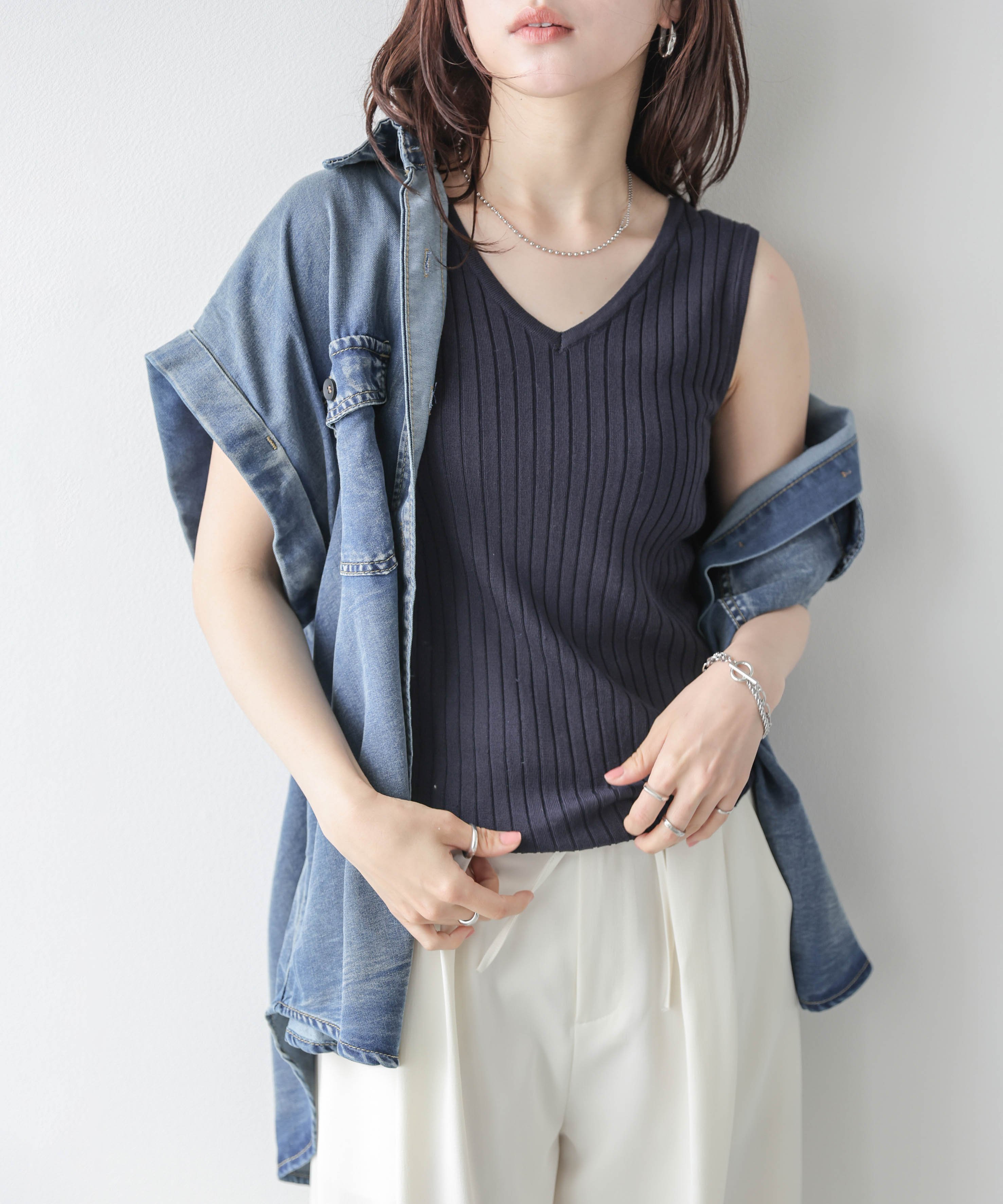 La-gemme シンプル2wayリブニットトップス ラジュール トップス ノースリーブ・タンクトップ ホワイト ネイビー グレー ピンク ブラック