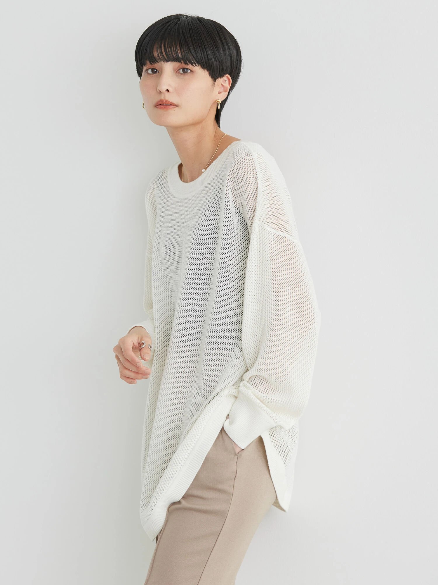 AMERICAN HOLIC 2WAY透かし編みニットチュニック/長袖/コットンブレンド/23SS アメリカン ホリック トップス ニット ホワイト グレー ブラウンのサムネイル