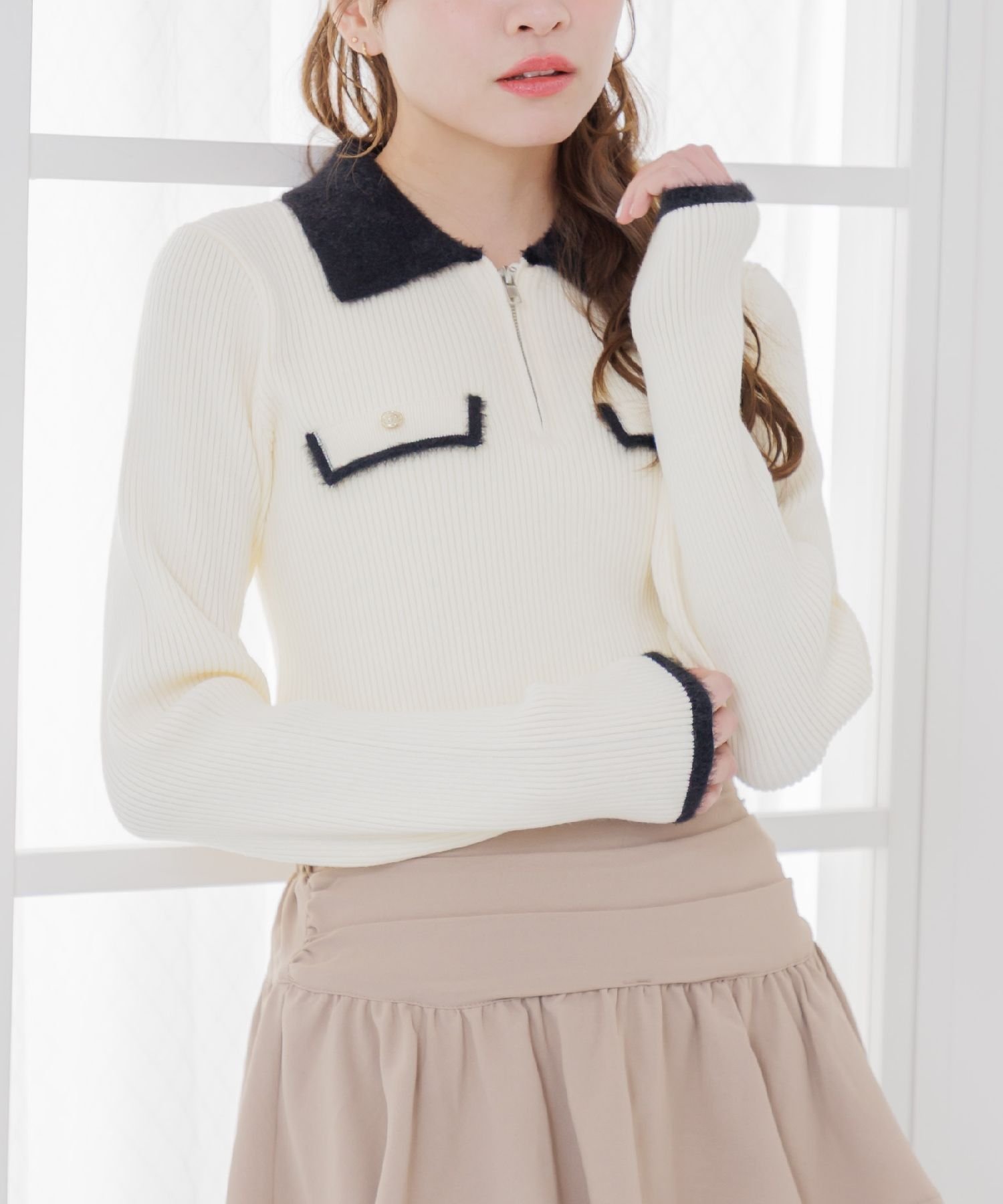 ZIPシャギー襟NTPO レトロガール トップス ニット ピンク ベージュ