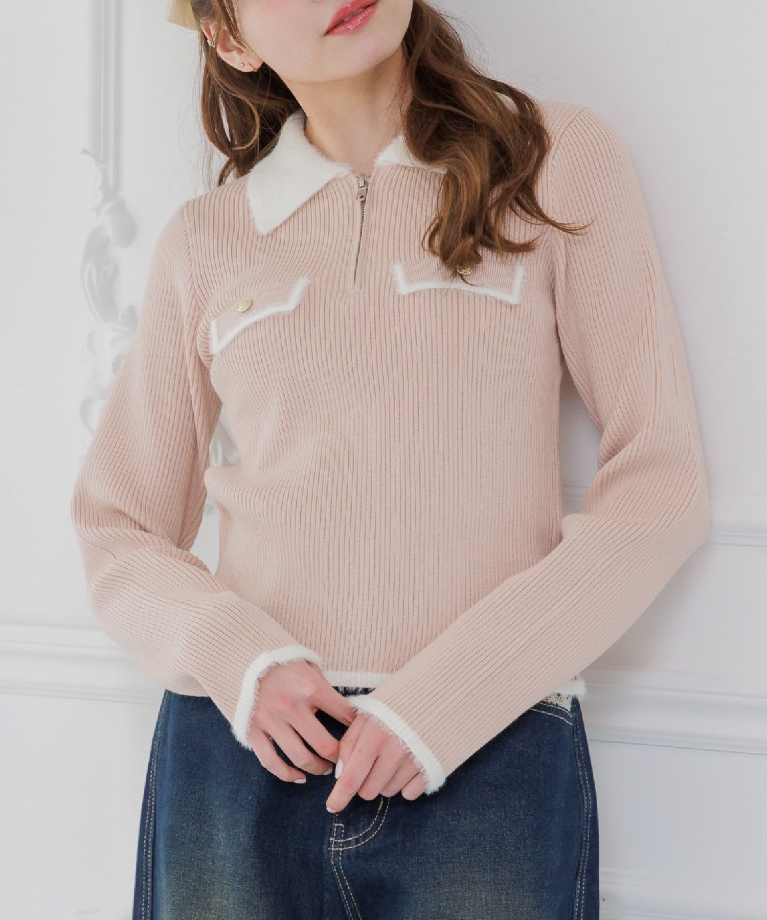 ZIPシャギー襟NTPO レトロガール トップス ニット ピンク ベージュ