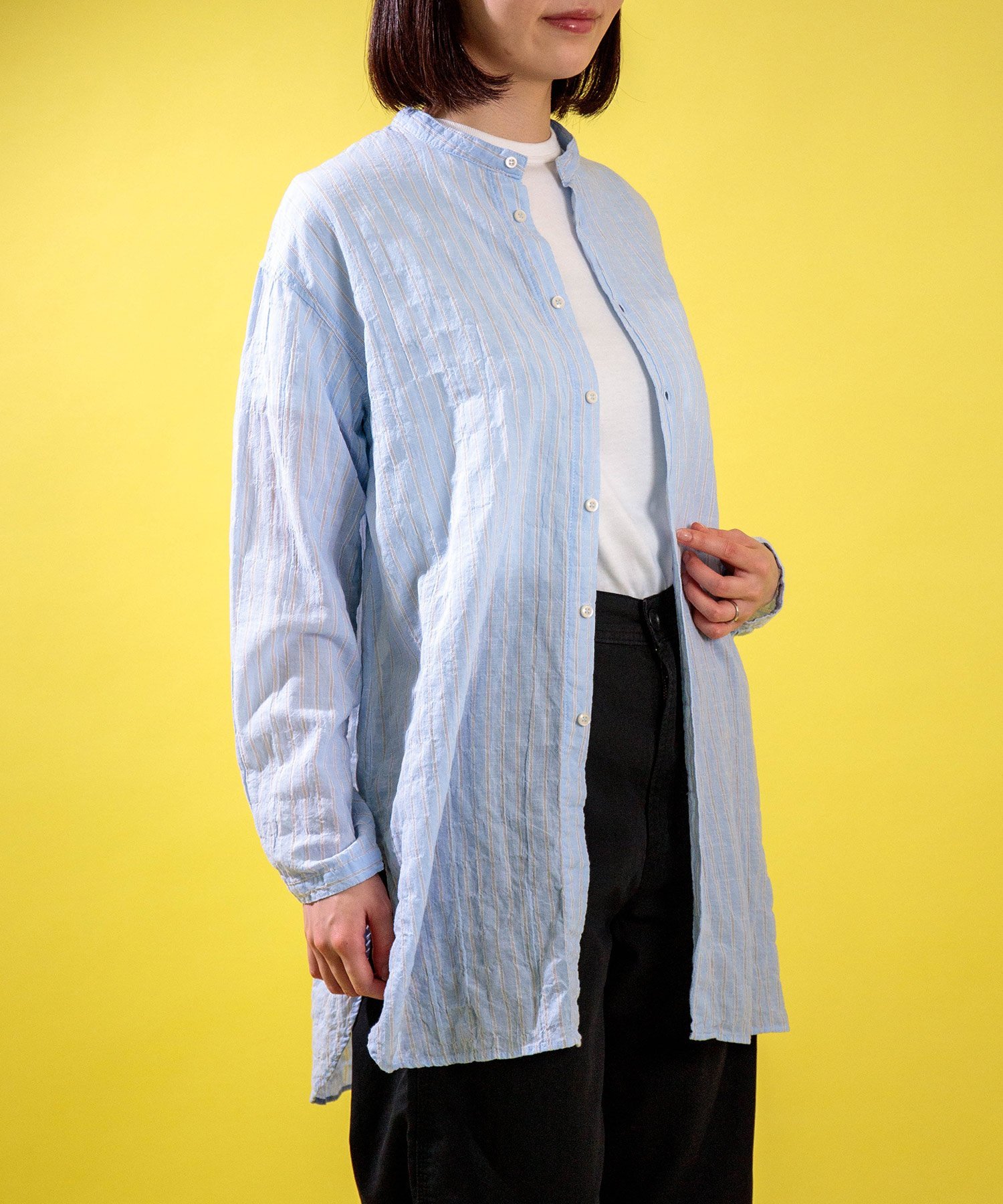 【SALE／20%OFF】D.M.G. シャーリングストライプ ロングシャツ ドミンゴ トップス シャツ・ブラウス ブルー ホワイト【送料無料】