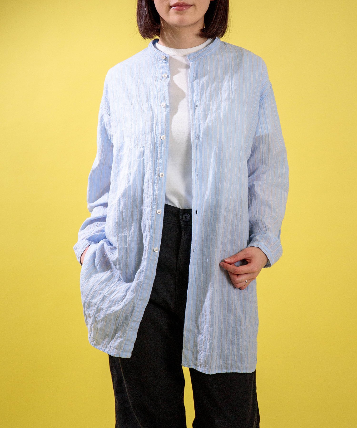 【SALE／20%OFF】D.M.G. シャーリングストライプ ロングシャツ ドミンゴ トップス シャツ・ブラウス ブルー ホワイト【送料無料】