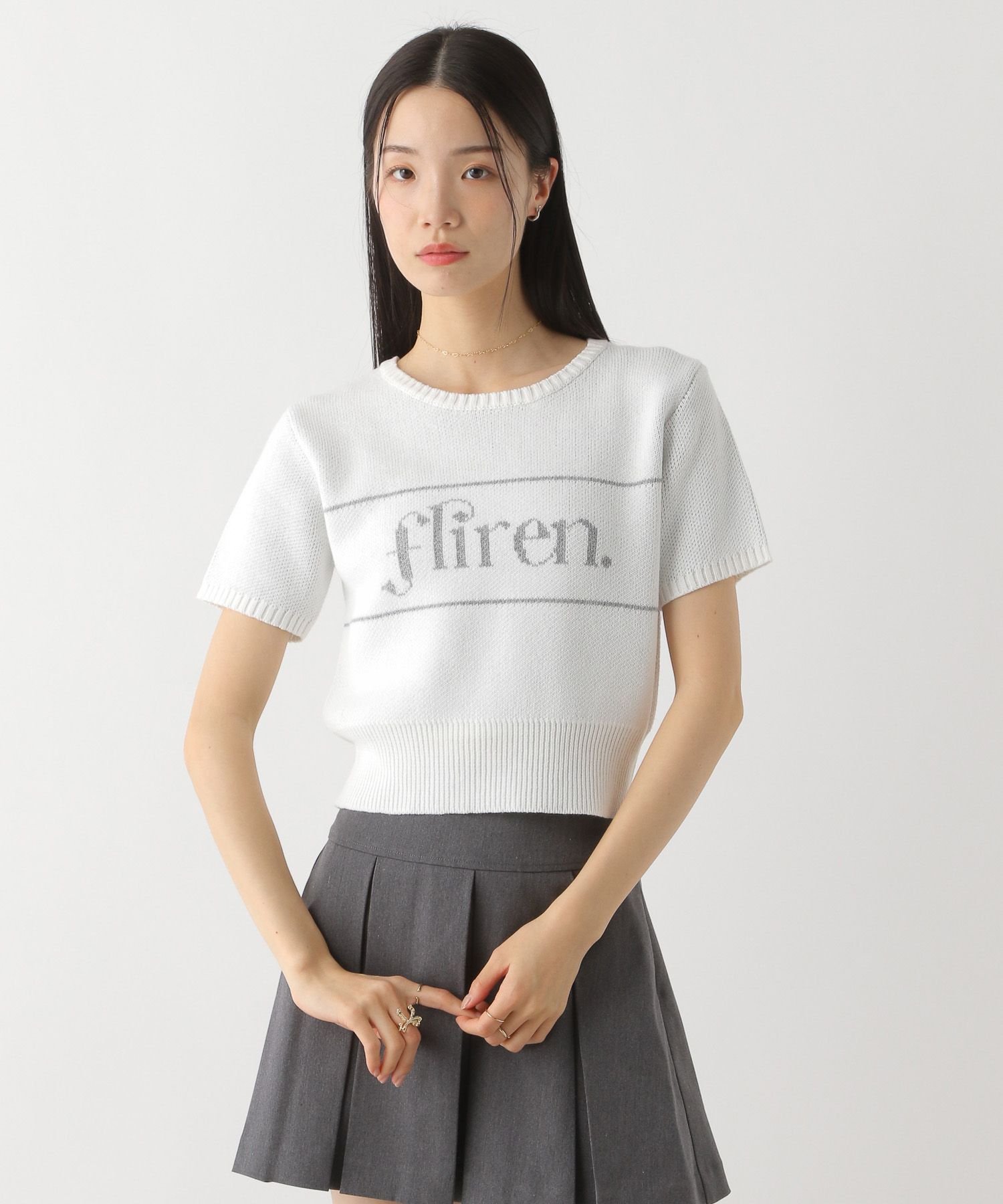 Heather ジャガードロゴニット(半袖) ヘザー トップス ニット レッド ホワイト ネイビー