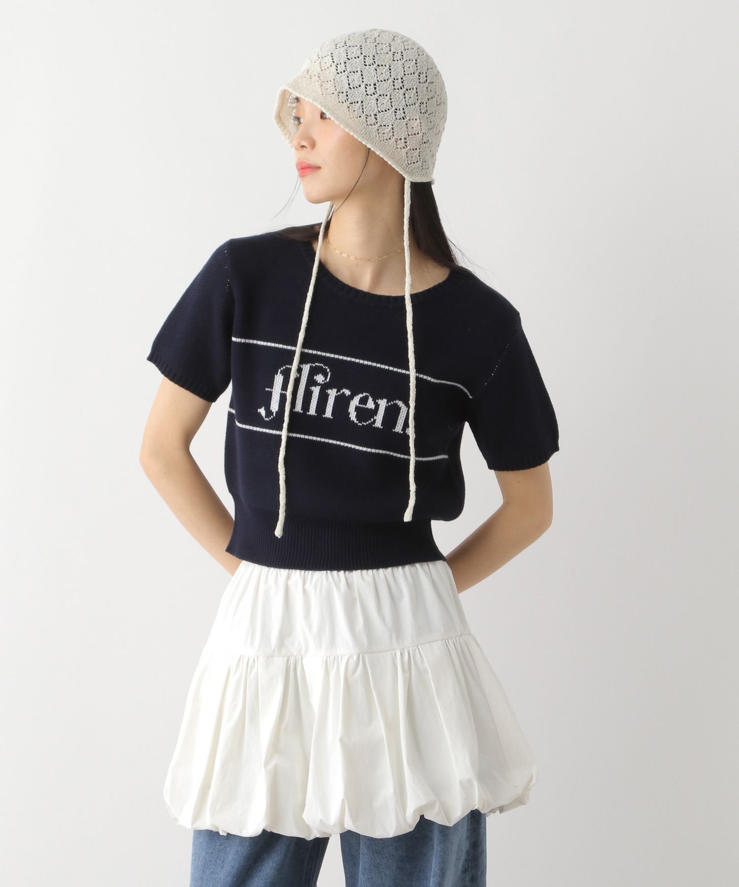 Heather ジャガードロゴニット(半袖) ヘザー トップス ニット レッド ホワイト ネイビー