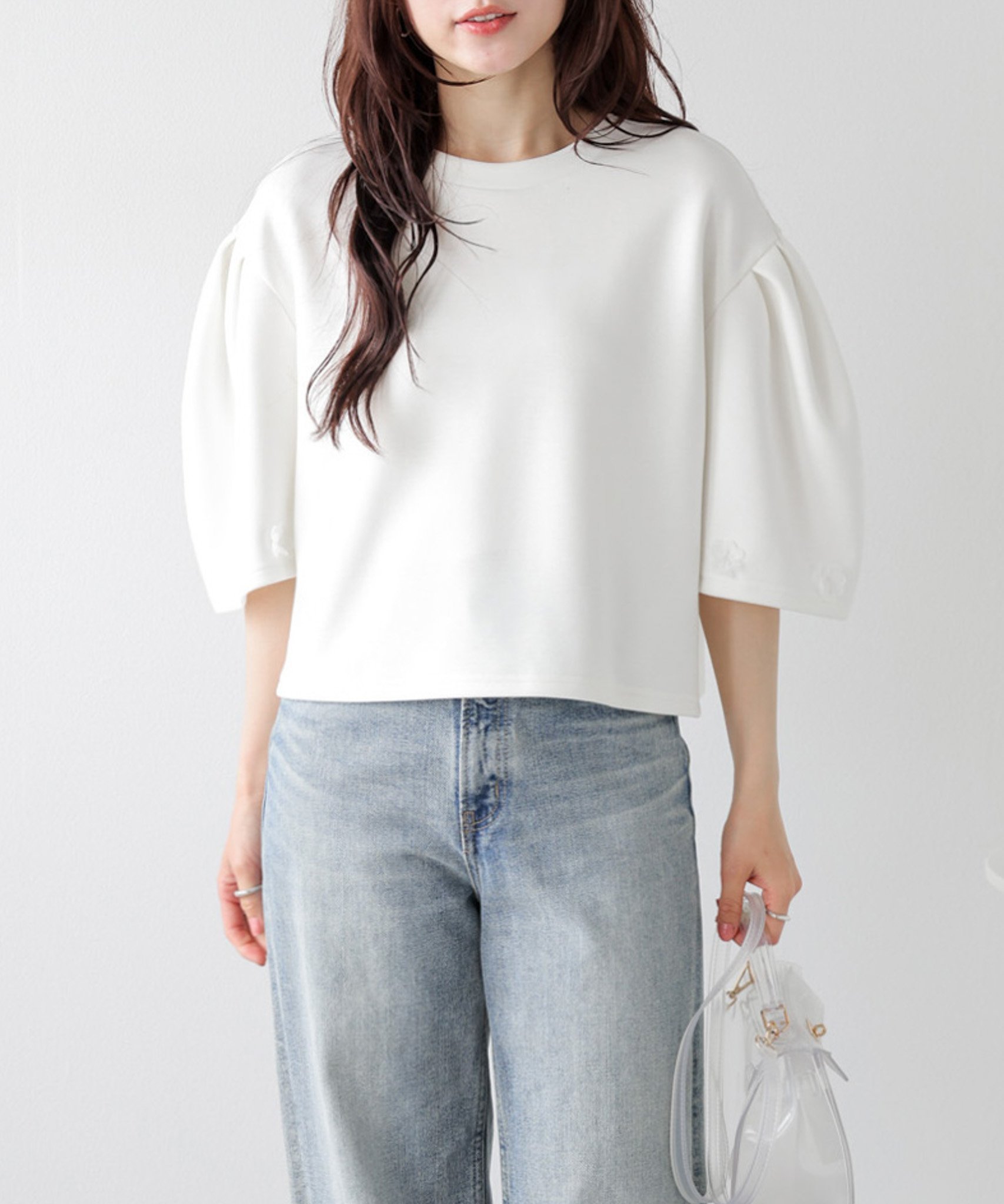 La-gemme 立体袖*チュールフラワー プルオーバー ラジュール トップス カットソー・Tシャツ ピンク ブラック ホワイト