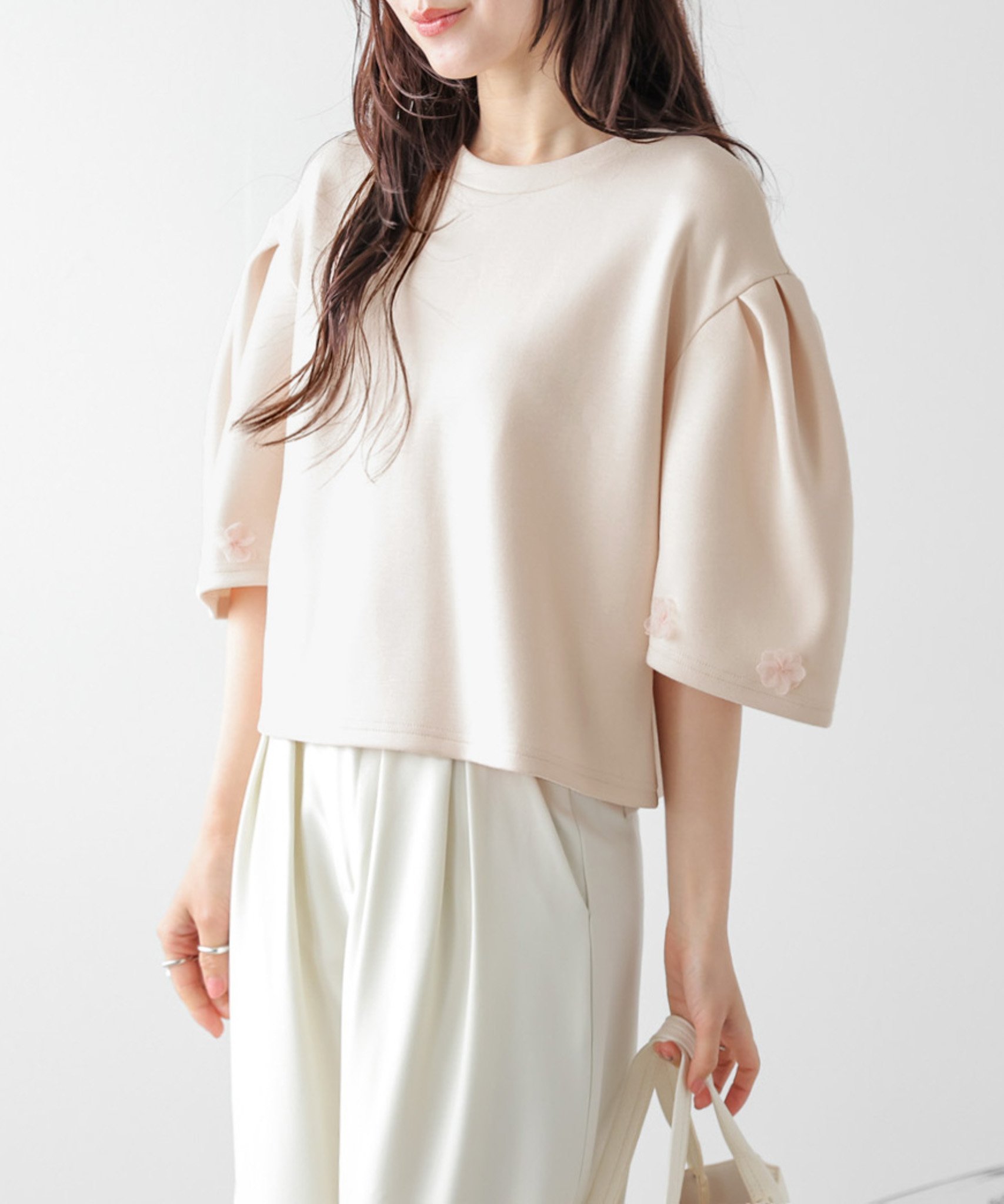 La-gemme 立体袖*チュールフラワー プルオーバー ラジュール トップス カットソー・Tシャツ ピンク ブラック ホワイト