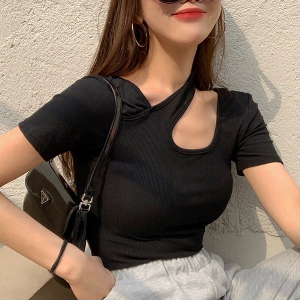 【SALE／40%OFF】Aimoon カットソー 肩スリットセクシーTシャツ ミニミニストア トップス カットソー・Tシャツ ブラック ホワイトのサムネイル