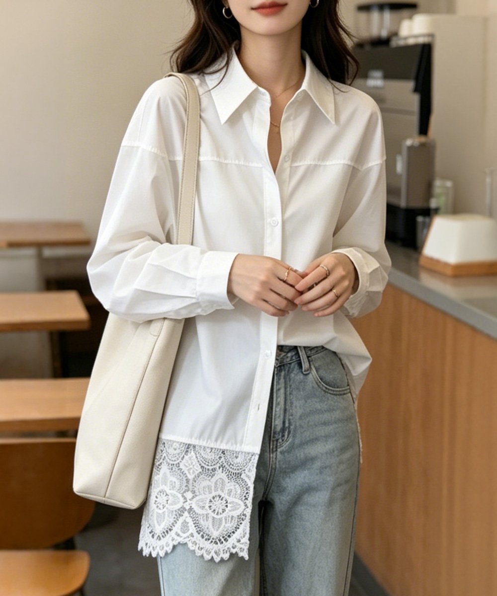 miniministore レース切替シャツブラウス長袖シャツ韓国風 ミニミニストア トップス シャツ・ブラウス ホワイト