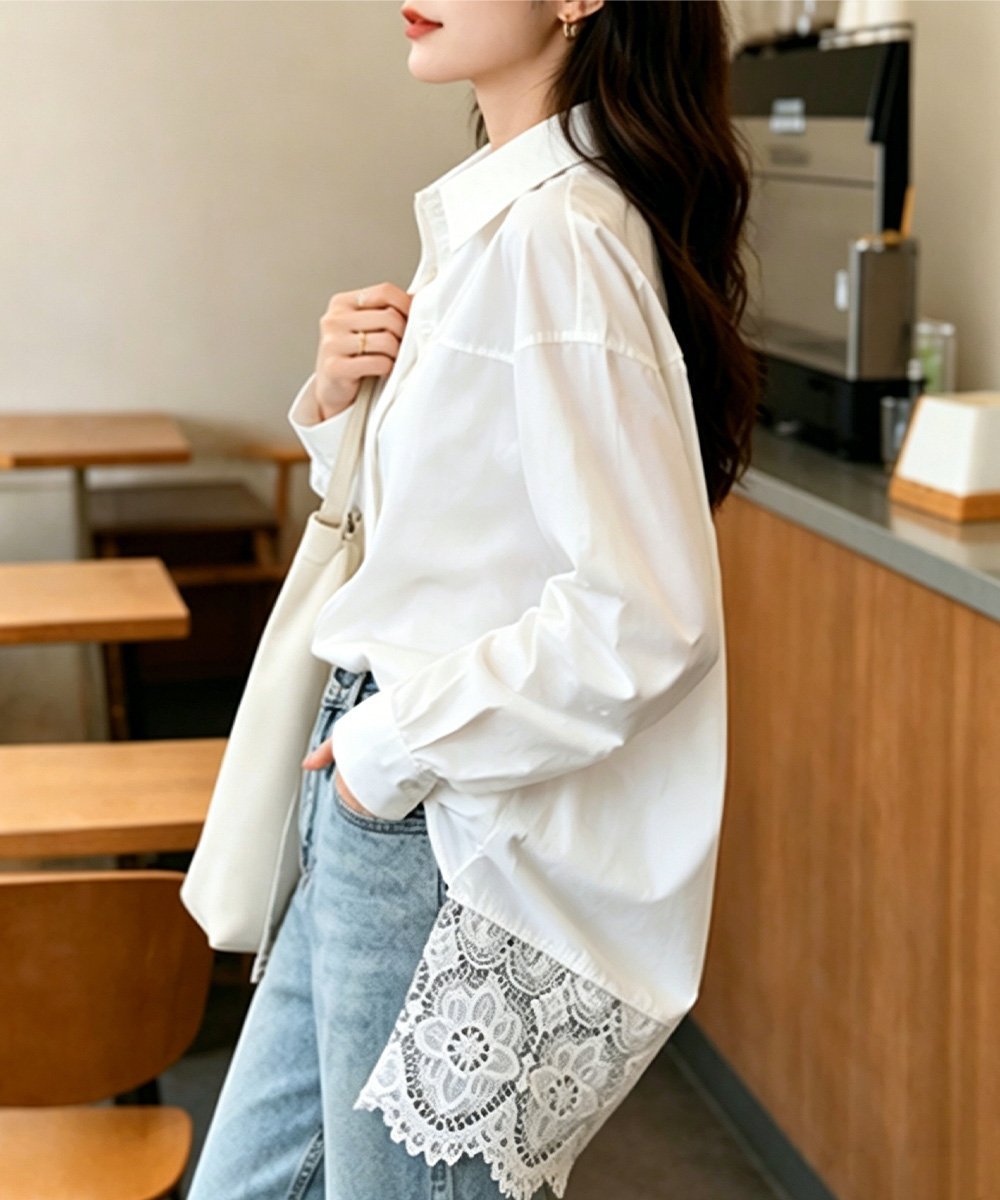 miniministore レース切替シャツブラウス長袖シャツ韓国風 ミニミニストア トップス シャツ・ブラウス ホワイト
