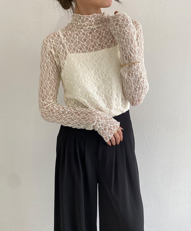 【SALE／20%OFF】ECLAM ストレッチレースロンT ピエロ トップス カットソー・Tシャツ ブラック ホワイト