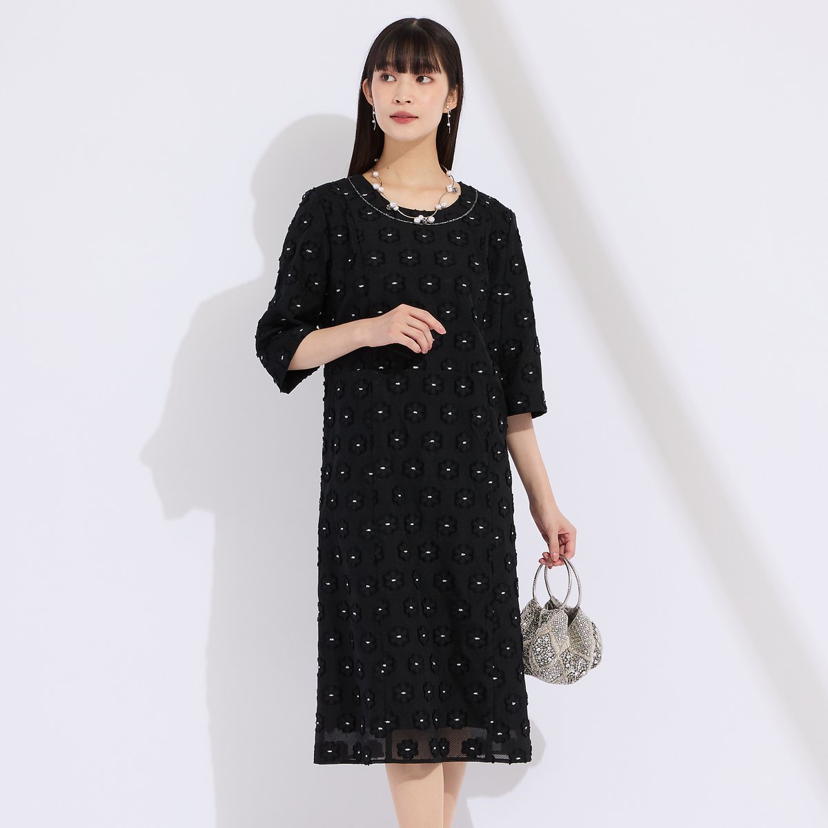 Liliane Burty 【M~4L】フラワーカットジャカードワンピース リリアンビューティ ワンピース・ドレス ワンピース ブラック ホワイト