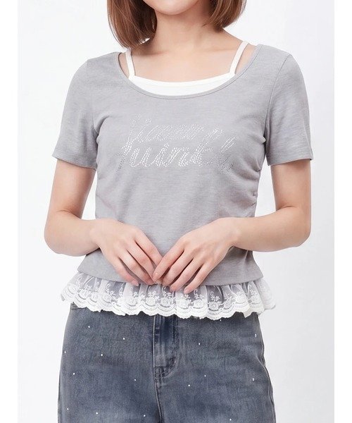 【SALE／50%OFF】Ludic Park レイヤード風ラインストーン裾レーストップス ルディックパーク トップス カットソー・Tシャツ ブルー グレー