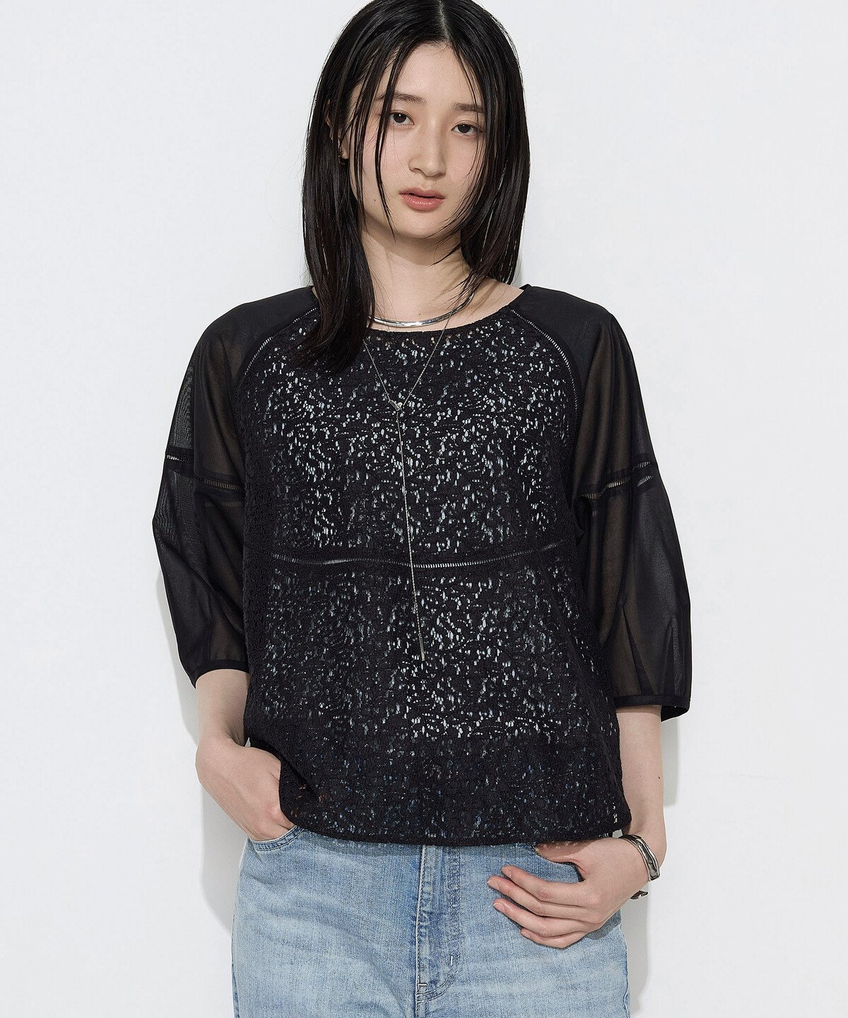 K.T KIYOKO TAKASE S-SIZE [ Sサイズ ] リネンコードレース ボリュームスリーブブラウス コムサ トップス シャツ・ブラウス カーキグリーン ブラック