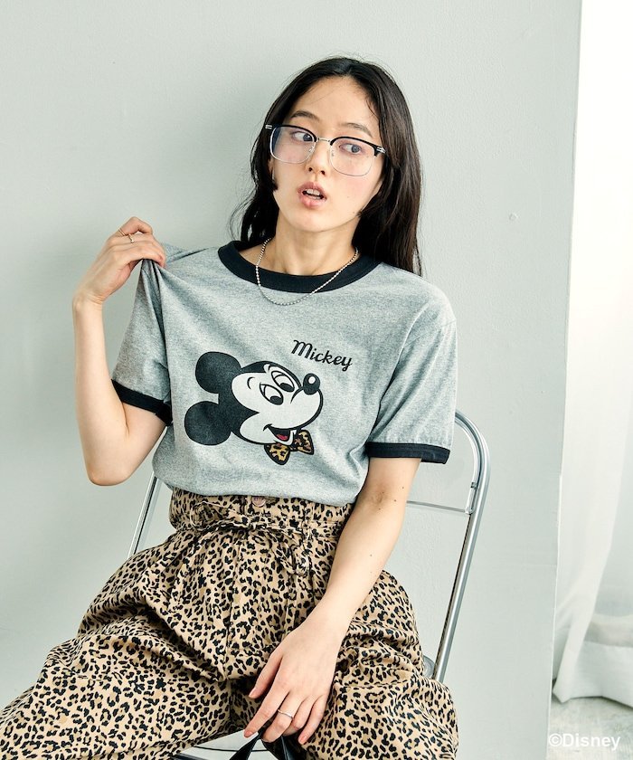 【MICKEY MOUSE】 Leopard logo ringer Tシャツ/ミッキーマウス フリークスストア トップス カットソー・Tシャツ ホワイト