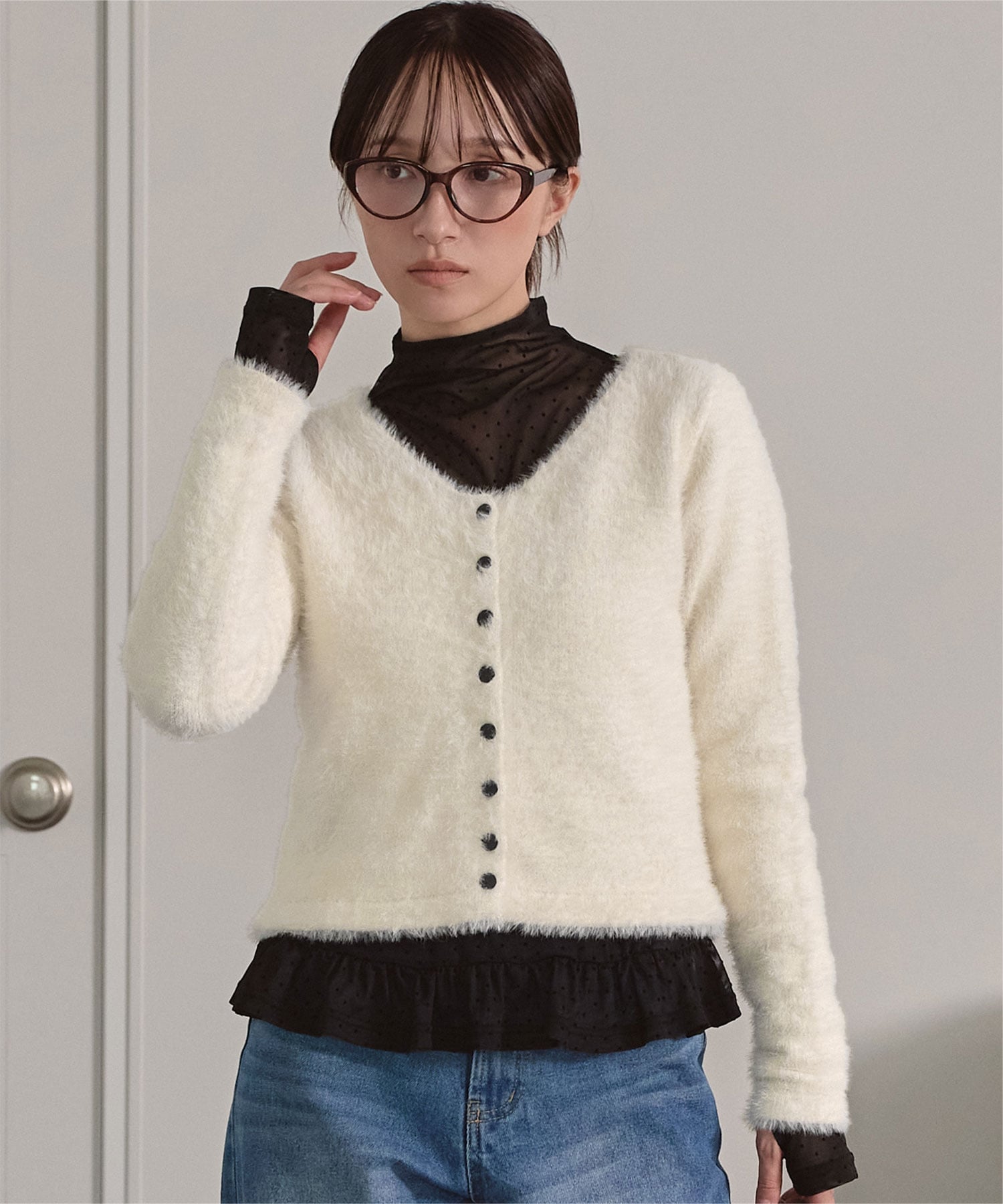 miette 前後2way シャギーニット トップス ニット シャギー コンパクト 配色ボタン ティティベイト トップス ニット ネイビー