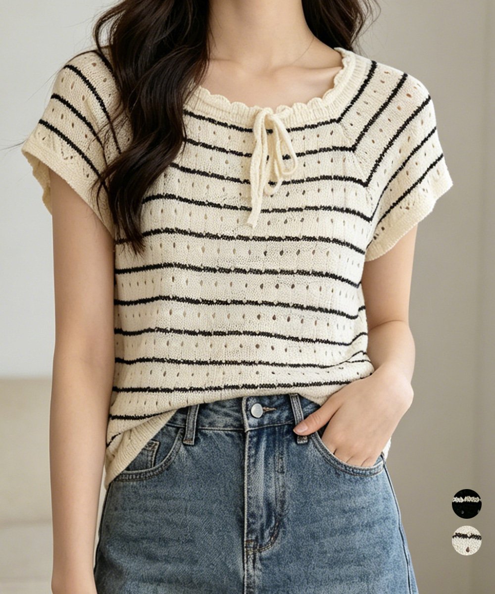 miniministore パンチングリボン半袖ニットトップス韓国風 ミニミニストア トップス ニット ホワイト ブラック