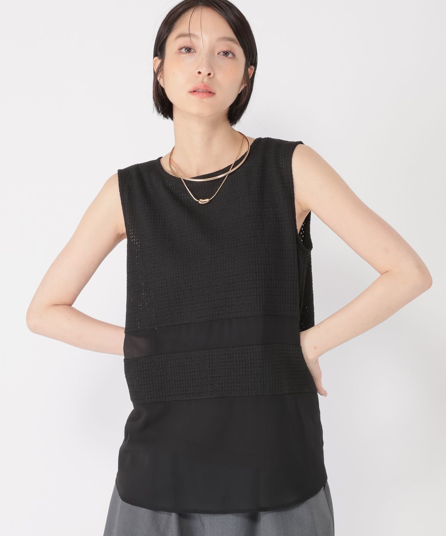 【daily CLIP】シアー切り替えノースリーブプルオーバー スタディオクリップ トップス カットソー・Tシャツ ホワイト ブラック