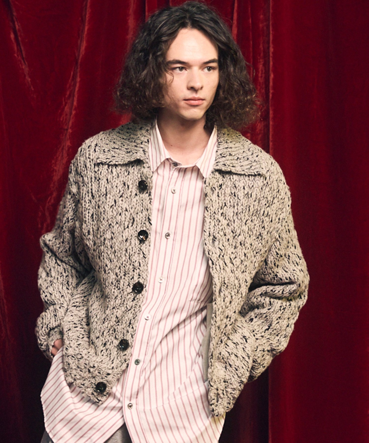 MAISON SPECIAL Slub Yarn Prime-Over Collared Cardigan メゾンスペシャル トップス カーディガン グリーン ブラック グレー【送料無料】のサムネイル