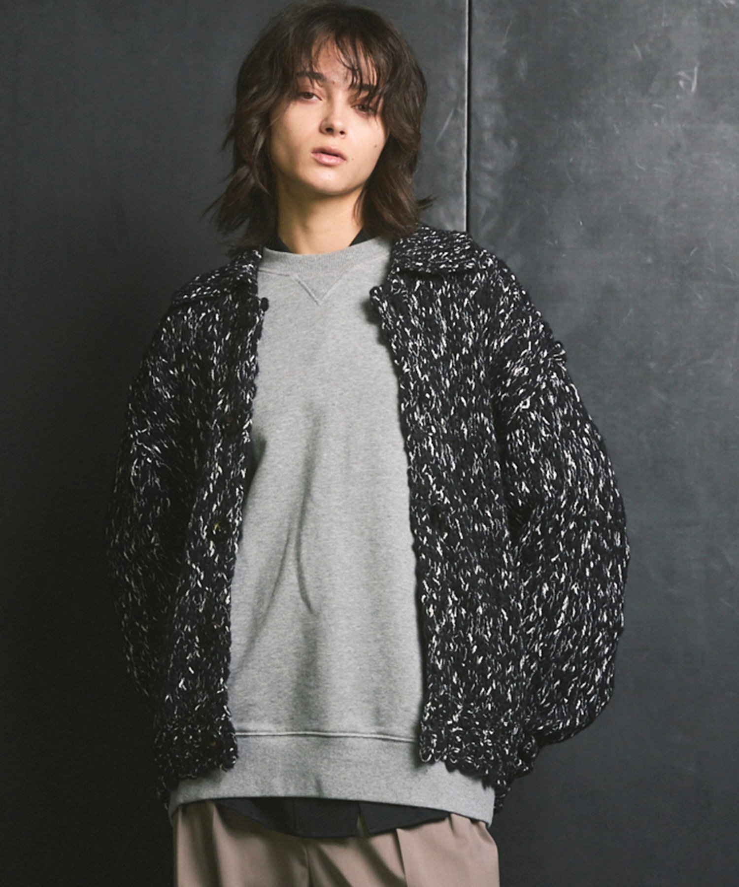 MAISON SPECIAL Slub Yarn Prime-Over Collared Cardigan メゾンスペシャル トップス カーディガン グリーン ブラック グレー