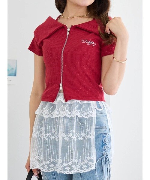 Ludic Park グリッターオフショルダブルZIPトップス ルディックパーク トップス カットソー・Tシャツ グレー ホワイト