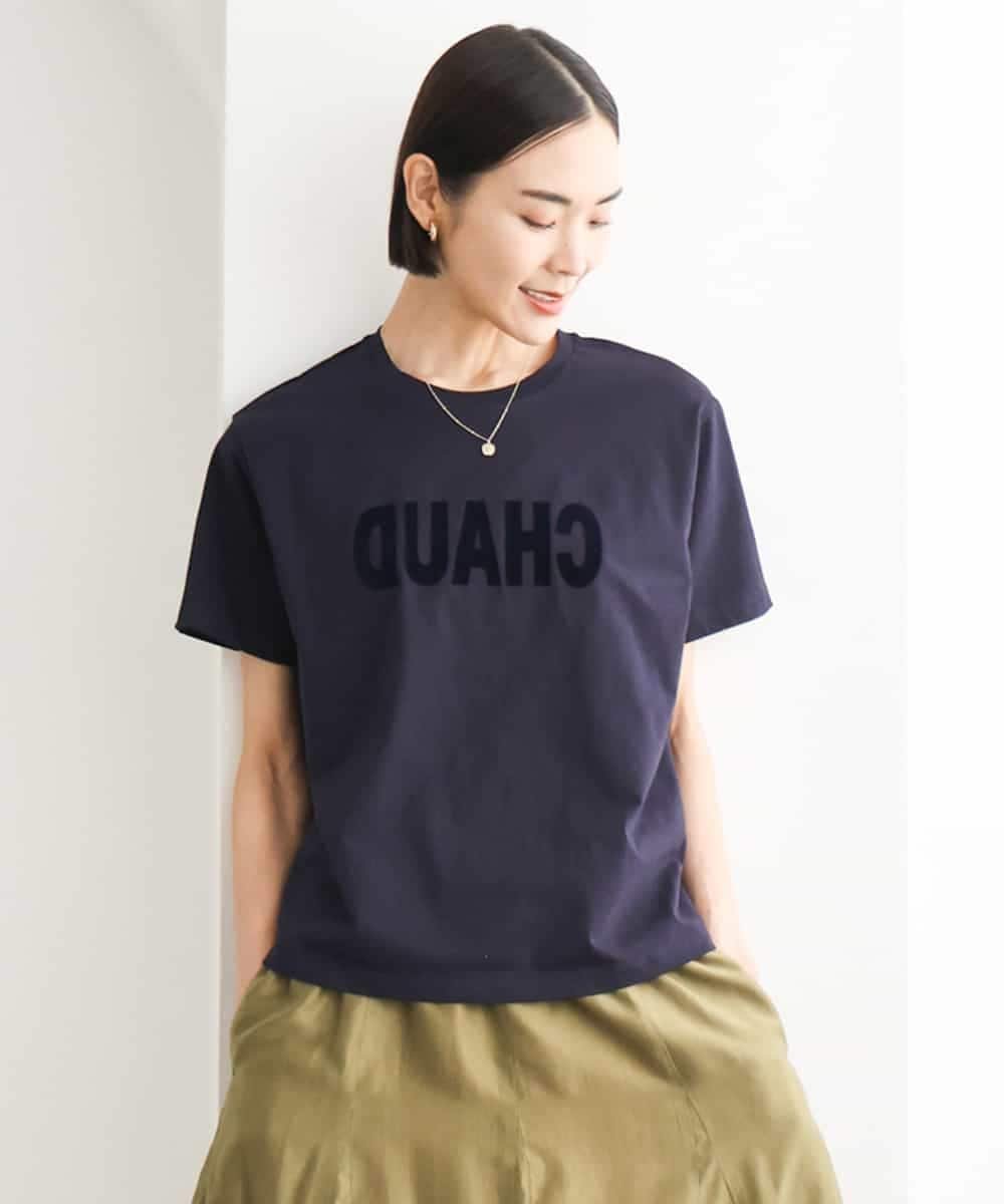 MICHEL KLEIN フロッキーロゴTシャツ ミッシェルクラン トップス カットソー・Tシャツ ネイビー ホワイト パープル