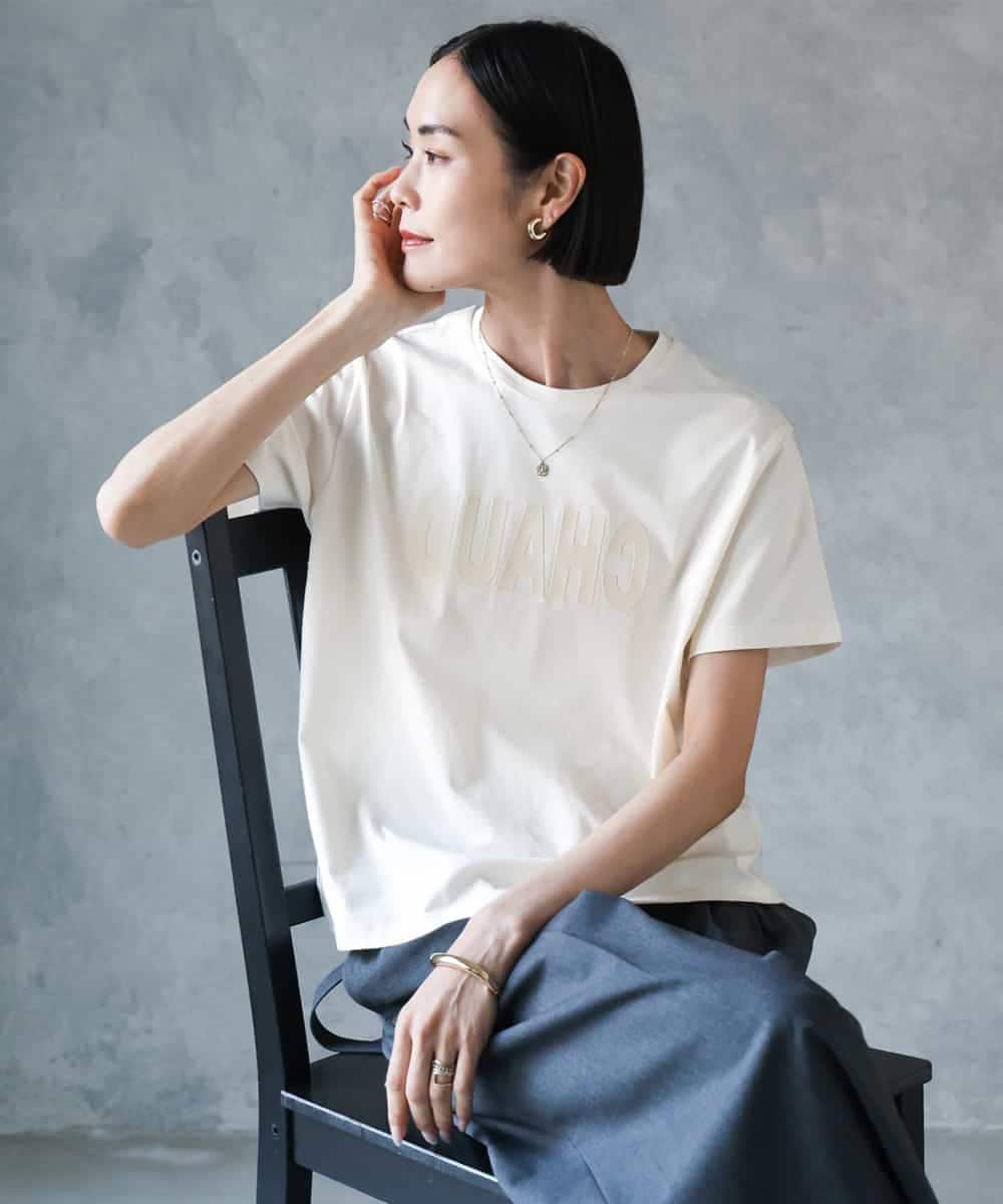 MICHEL KLEIN フロッキーロゴTシャツ ミッシェルクラン トップス カットソー・Tシャツ ネイビー ホワイト パープル