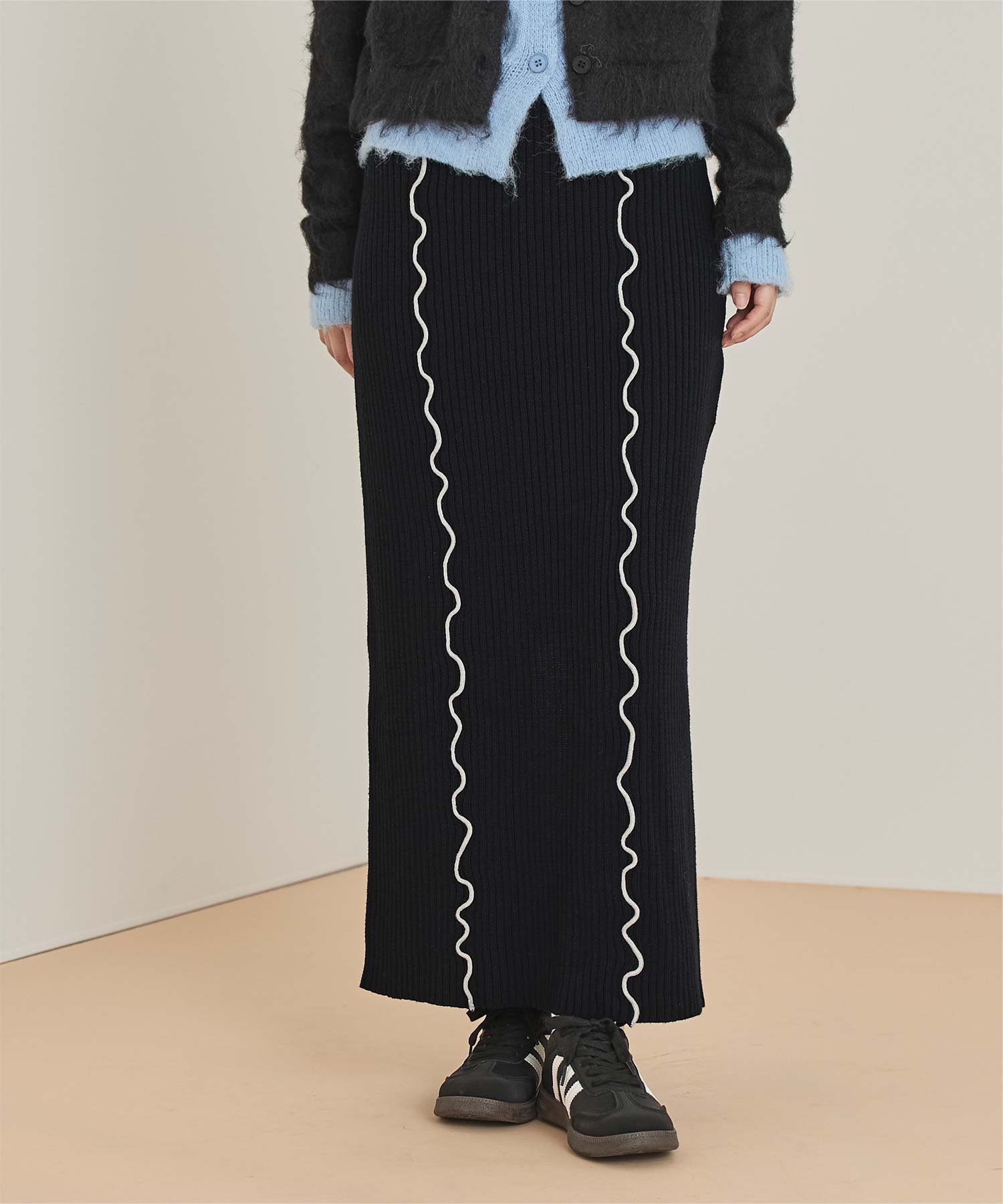【SALE／30%OFF】miette 配色 メロー リブ スカート ボトムス メローデザイン バックスリット Iライン ティティベイト スカート ロング・マキシスカート ネイビー ブラウン ブラック