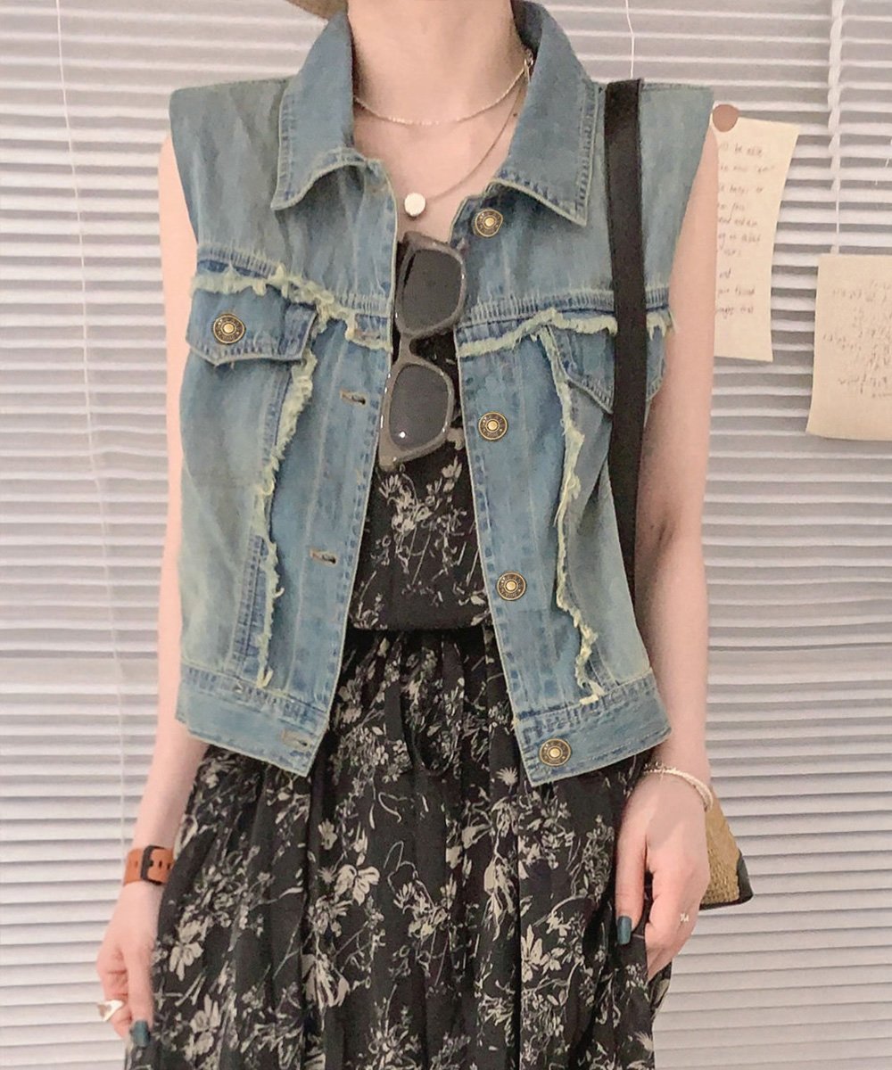 【SALE／35%OFF】miniministore フリンジデニムベスト 襟付き デニムジレ ミニミニストア トップス ベ..