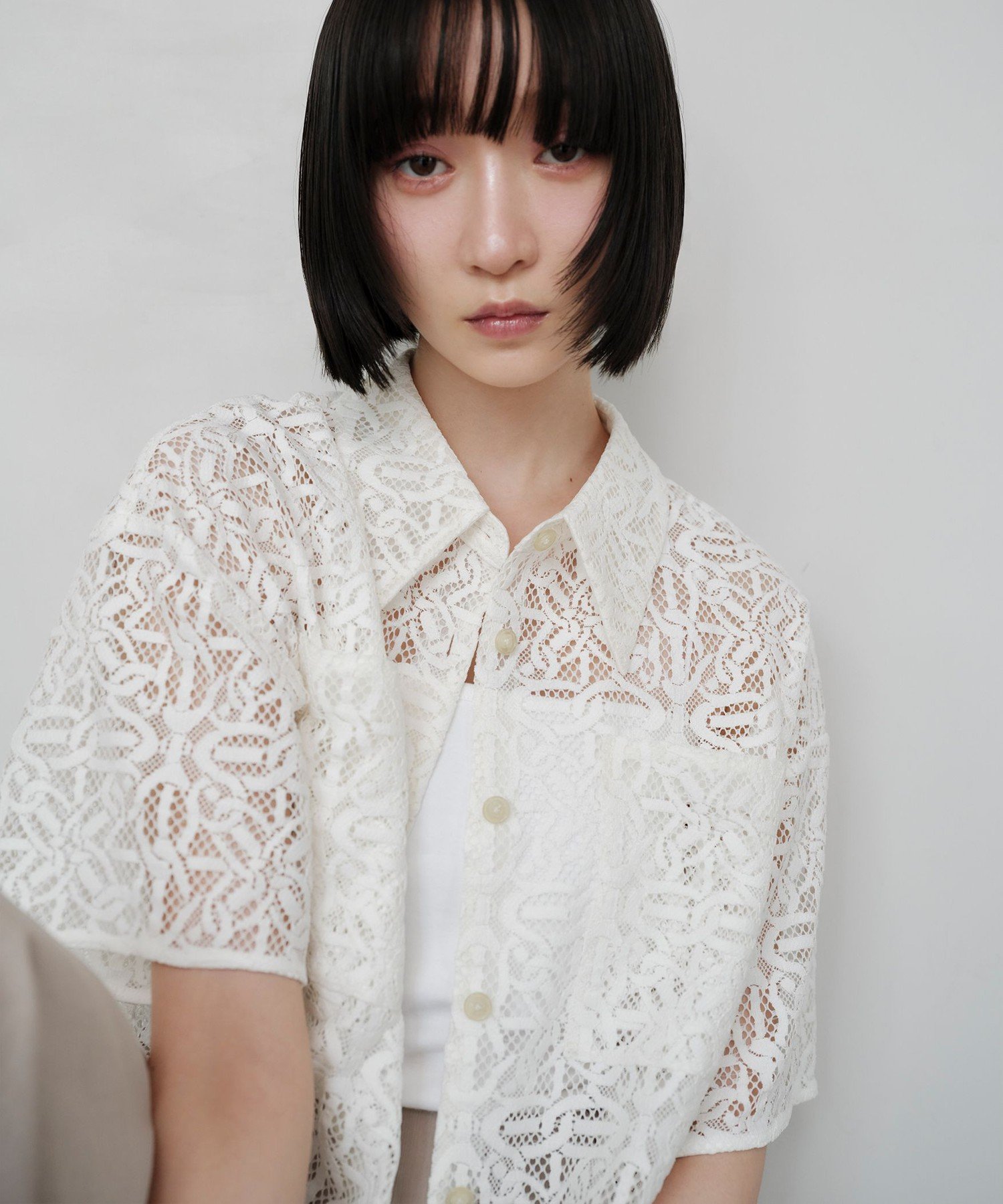 EMMEL REFINES ＜EMMEL REFINES＞EM レース ショートスリーブ シャツ ユナイテッドアローズ グリーンレーベルリラクシング トップス シャツ・ブラウス ホワイト ブラック【送料無料】のサムネイル