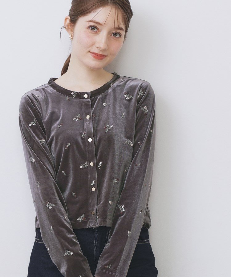 index 小花刺繍ベロアショートカーディガン【洗濯機OK】 インデックス トップス カーディガン ネイビー グレー パープル【送料無料】のサムネイル