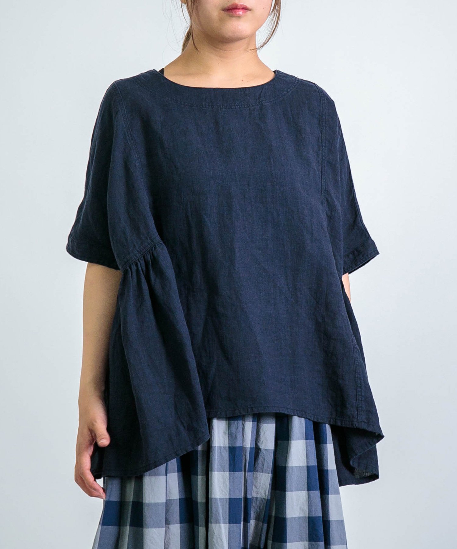 【SALE／30%OFF】D.M.G. リネンキャンバス リネンサイドギャザーシャツ ドミンゴ トップス シャツ・ブラウス ネイビー ホワイト【送料無料】
