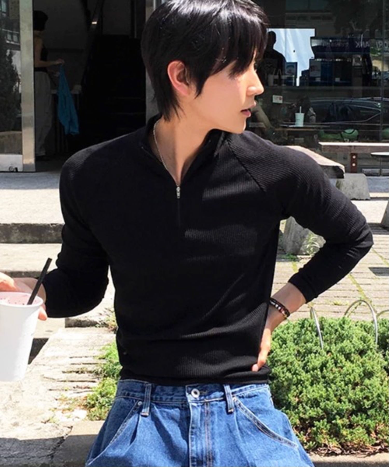 NOWLE NOWLE/(M)【NOWLE】タイトフィット ハーフジップ ラグラン リブ ロンT チェルカ トップス カットソー・Tシャツ ブラック グレー